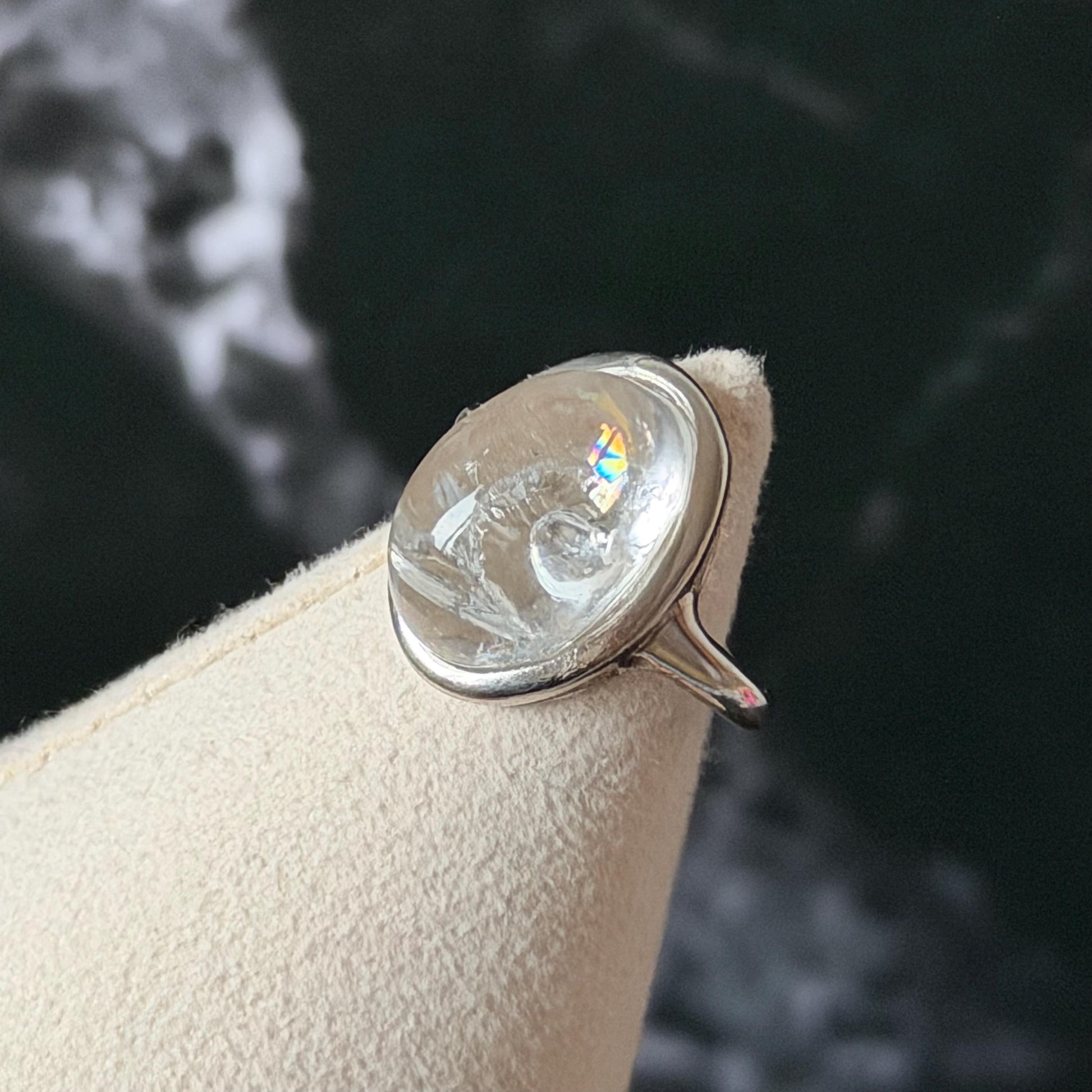 Rare-find! Polished Enhydro Quartz (Herkimer Diamond) S925 Silver Adjustable Ring: Rainbow! Moving White Sand & Big Clear Bubble Statement Ring for Women ring crystal band ring crystal cocktail ring crystal stackable ring 7 chakra crystal ring meditation crystal healing stone birthstone silver ring ring for men rainbow quartz