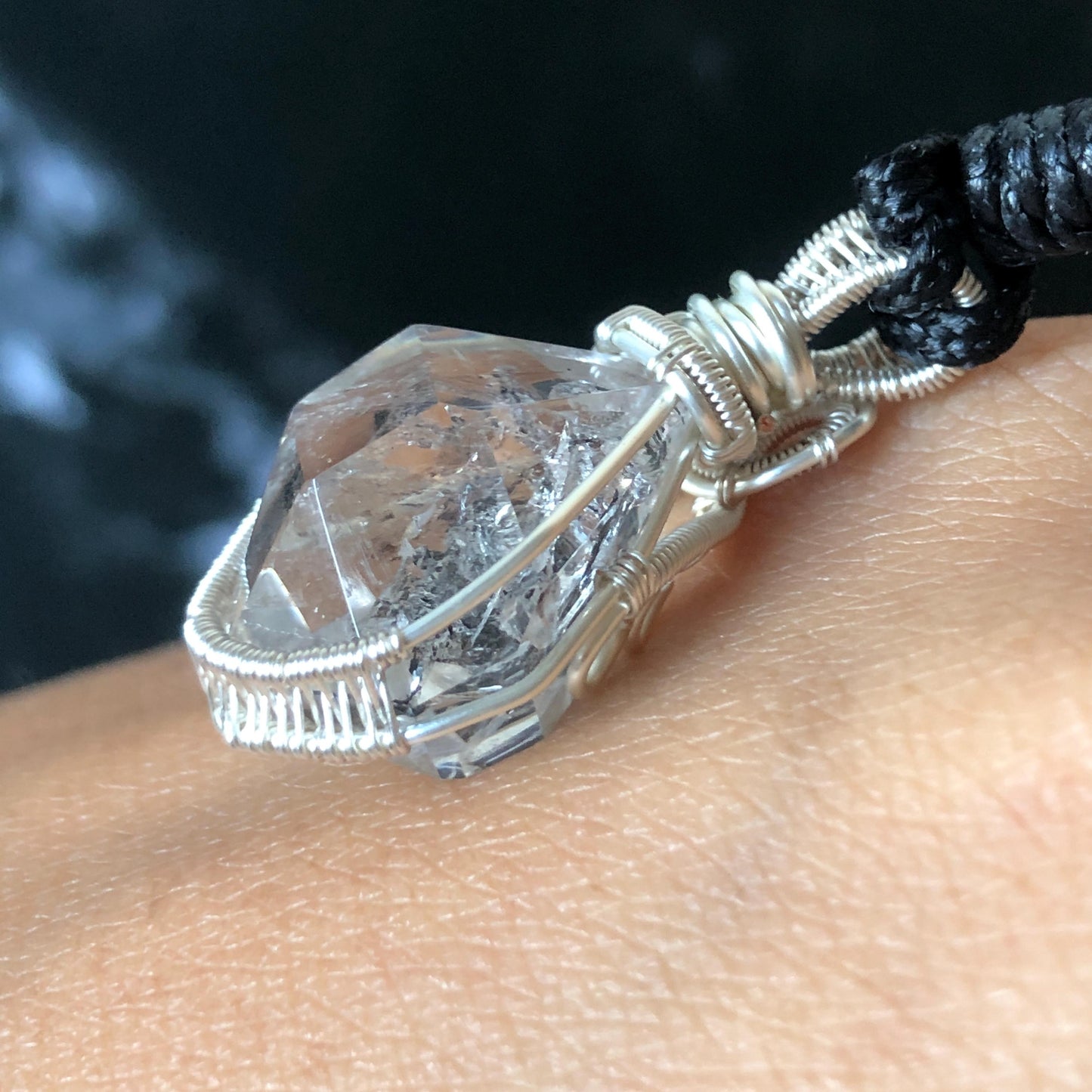 Rare Polished Enhydro Quartz (Herkimer Diamond) Wire Wrapped Pendant Adjustable Necklace | Moving Sand & Clear Bubble Inclusion Crystal | Natural Gemstone Birthstone Gift for her  enhydro quartz sand water-fall pendant necklace choker gemstone charm stone pendant choker polished stone pendant crystal charm birthstone gift for her men necklace chakra crystal purify stone minerals specimen adjustable choker mica quartz mica flakes silver wire wrapped pendant