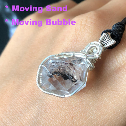 Rare Polished Enhydro Quartz (Herkimer Diamond) Wire Wrapped Pendant Adjustable Necklace | Moving Sand & Clear Bubble Inclusion Crystal | Natural Gemstone Birthstone Gift for her  enhydro quartz sand water-fall pendant necklace choker gemstone charm stone pendant choker polished stone pendant crystal charm birthstone gift for her men necklace chakra crystal purify stone minerals specimen adjustable choker mica quartz mica flakes silver wire wrapped pendant