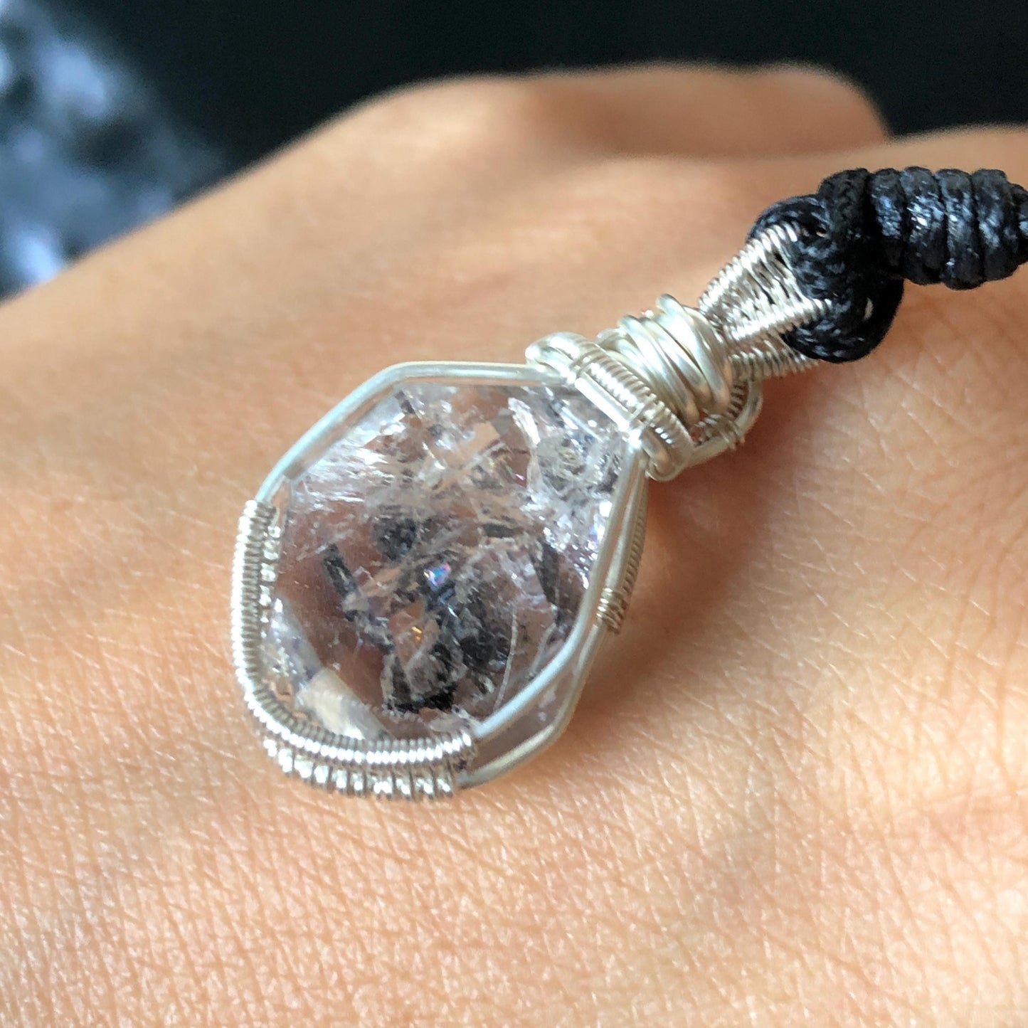 Rare Polished Enhydro Quartz (Herkimer Diamond) Wire Wrapped Pendant Adjustable Necklace | Moving Sand & Clear Bubble Inclusion Crystal | Natural Gemstone Birthstone Gift for her  enhydro quartz sand water-fall pendant necklace choker gemstone charm stone pendant choker polished stone pendant crystal charm birthstone gift for her men necklace chakra crystal purify stone minerals specimen adjustable choker mica quartz mica flakes silver wire wrapped pendant