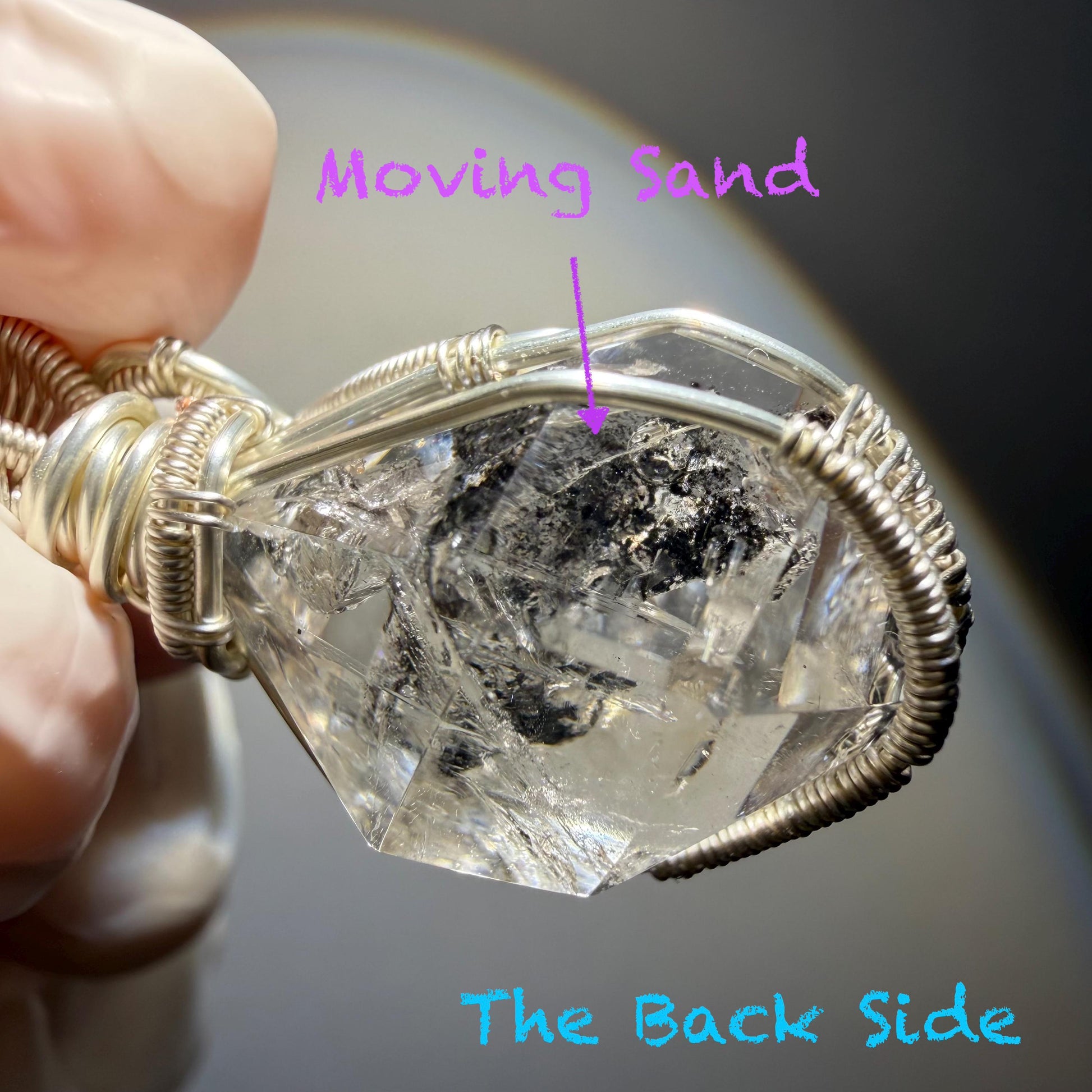 Rare Polished Enhydro Quartz (Herkimer Diamond) Wire Wrapped Pendant Adjustable Necklace | Moving Sand & Clear Bubble Inclusion Crystal | Natural Gemstone Birthstone Gift for her  enhydro quartz sand water-fall pendant necklace choker gemstone charm stone pendant choker polished stone pendant crystal charm birthstone gift for her men necklace chakra crystal purify stone minerals specimen adjustable choker mica quartz mica flakes silver wire wrapped pendant