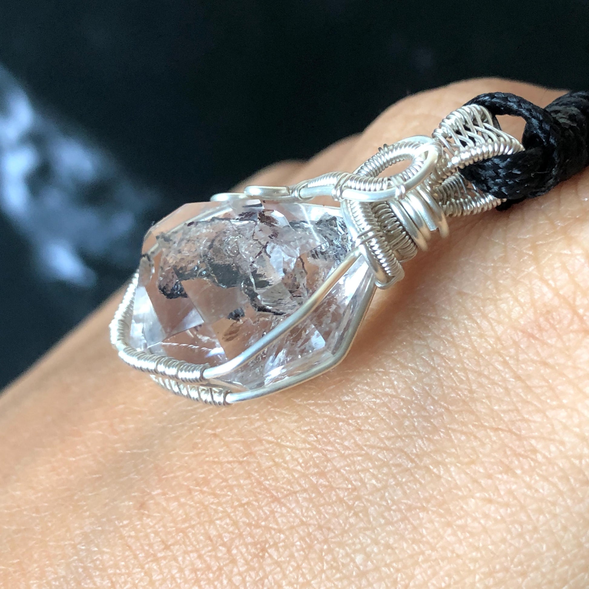 Rare Polished Enhydro Quartz (Herkimer Diamond) Wire Wrapped Pendant Adjustable Necklace | Moving Sand & Clear Bubble Inclusion Crystal | Natural Gemstone Birthstone Gift for her  enhydro quartz sand water-fall pendant necklace choker gemstone charm stone pendant choker polished stone pendant crystal charm birthstone gift for her men necklace chakra crystal purify stone minerals specimen adjustable choker mica quartz mica flakes silver wire wrapped pendant