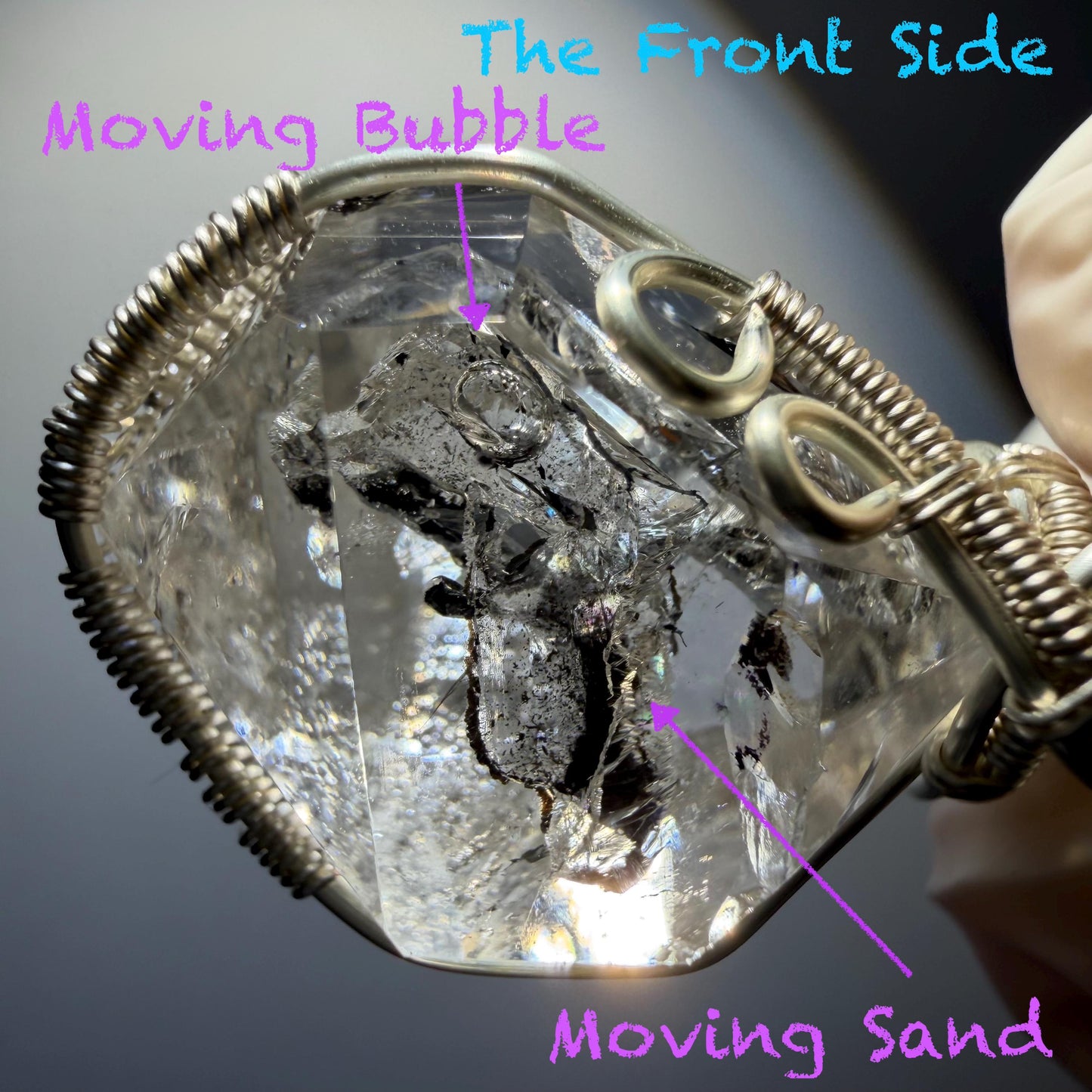 Rare Polished Enhydro Quartz (Herkimer Diamond) Wire Wrapped Pendant Adjustable Necklace | Moving Sand & Clear Bubble Inclusion Crystal | Natural Gemstone Birthstone Gift for her  enhydro quartz sand water-fall pendant necklace choker gemstone charm stone pendant choker polished stone pendant crystal charm birthstone gift for her men necklace chakra crystal purify stone minerals specimen adjustable choker mica quartz mica flakes silver wire wrapped pendant