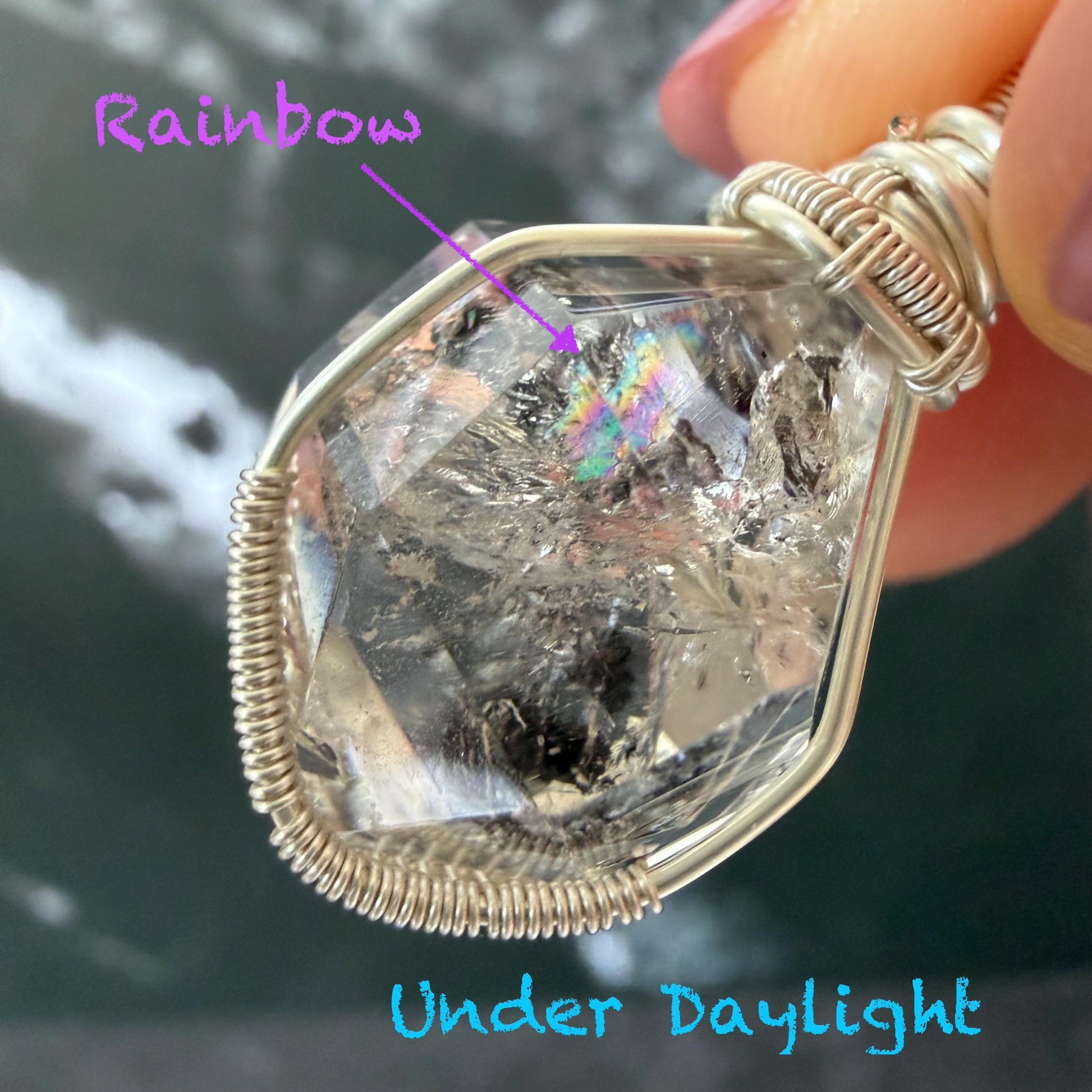 Rare Polished Enhydro Quartz (Herkimer Diamond) Wire Wrapped Pendant Adjustable Necklace | Moving Sand & Clear Bubble Inclusion Crystal | Natural Gemstone Birthstone Gift for her  enhydro quartz sand water-fall pendant necklace choker gemstone charm stone pendant choker polished stone pendant crystal charm birthstone gift for her men necklace chakra crystal purify stone minerals specimen adjustable choker mica quartz mica flakes silver wire wrapped pendant