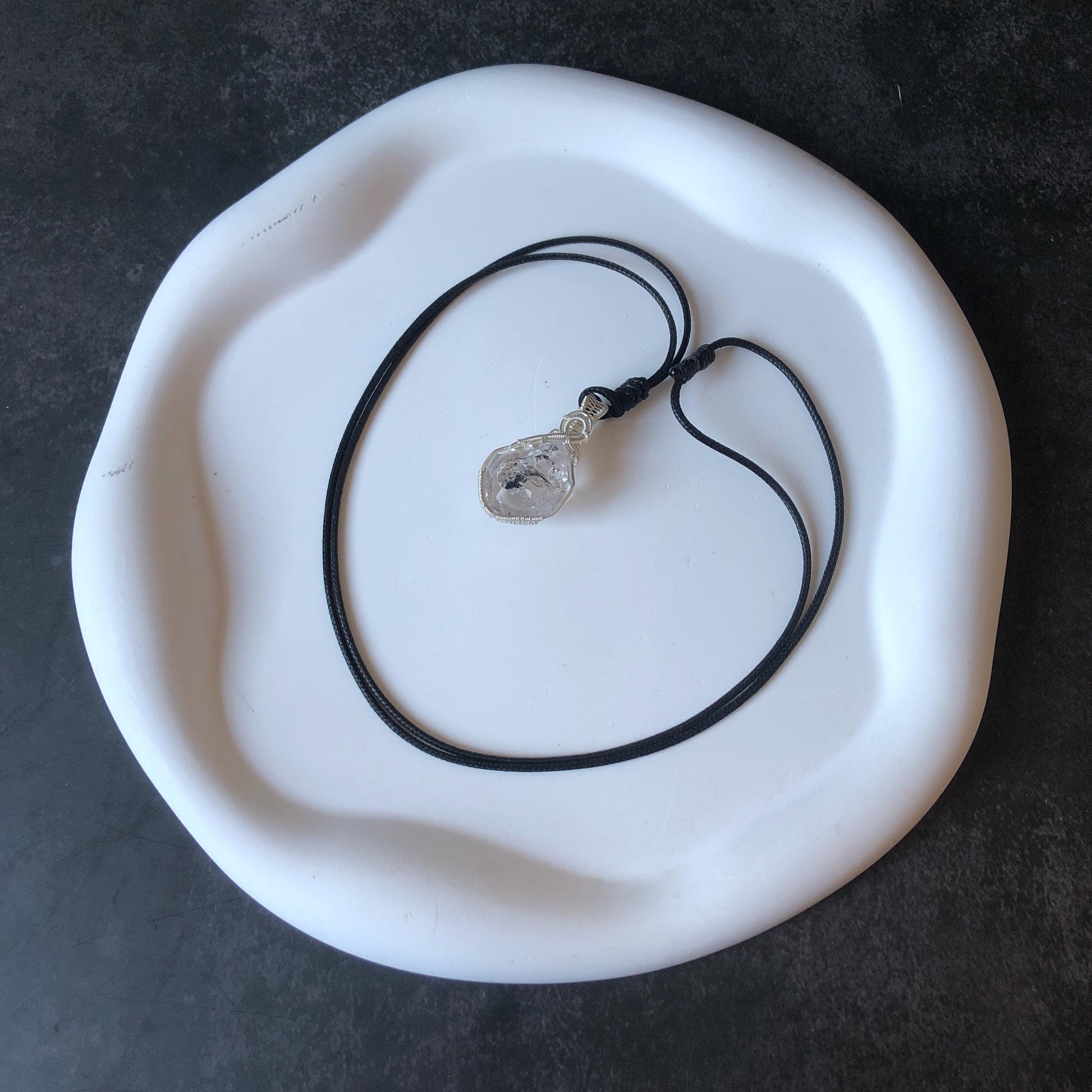 Rare Polished Enhydro Quartz (Herkimer Diamond) Wire Wrapped Pendant Adjustable Necklace | Moving Sand & Clear Bubble Inclusion Crystal | Natural Gemstone Birthstone Gift for her  enhydro quartz sand water-fall pendant necklace choker gemstone charm stone pendant choker polished stone pendant crystal charm birthstone gift for her men necklace chakra crystal purify stone minerals specimen adjustable choker mica quartz mica flakes silver wire wrapped pendant