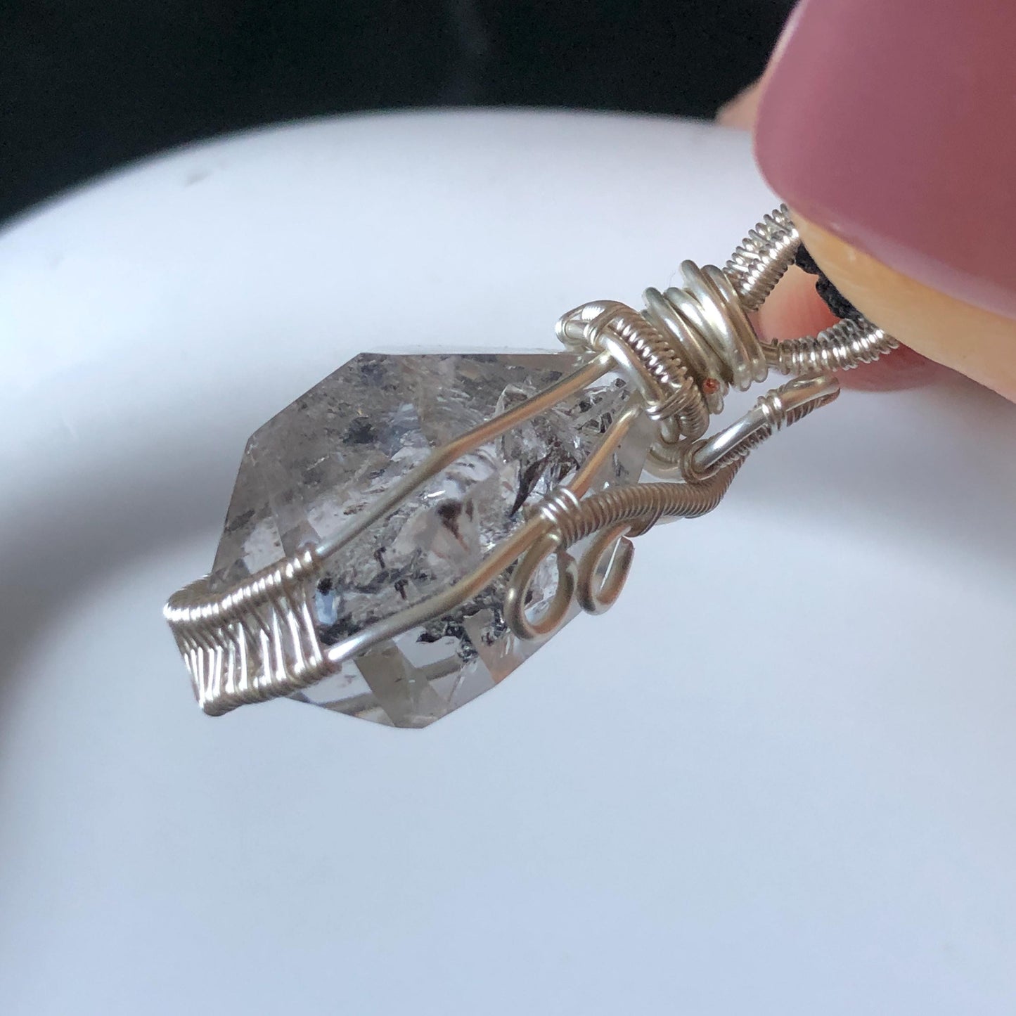 Rare Polished Enhydro Quartz (Herkimer Diamond) Wire Wrapped Pendant Adjustable Necklace | Moving Sand & Clear Bubble Inclusion Crystal | Natural Gemstone Birthstone Gift for her  enhydro quartz sand water-fall pendant necklace choker gemstone charm stone pendant choker polished stone pendant crystal charm birthstone gift for her men necklace chakra crystal purify stone minerals specimen adjustable choker mica quartz mica flakes silver wire wrapped pendant