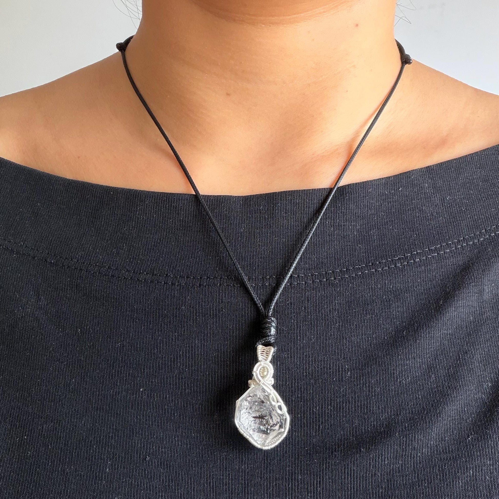 Rare Polished Enhydro Quartz (Herkimer Diamond) Wire Wrapped Pendant Adjustable Necklace | Moving Sand & Clear Bubble Inclusion Crystal | Natural Gemstone Birthstone Gift for her  enhydro quartz sand water-fall pendant necklace choker gemstone charm stone pendant choker polished stone pendant crystal charm birthstone gift for her men necklace chakra crystal purify stone minerals specimen adjustable choker mica quartz mica flakes silver wire wrapped pendant