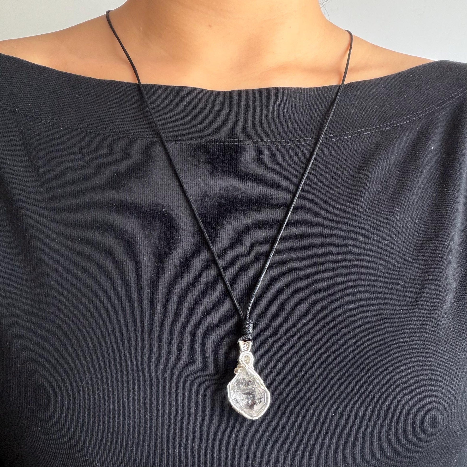 Rare Polished Enhydro Quartz (Herkimer Diamond) Wire Wrapped Pendant Adjustable Necklace | Moving Sand & Clear Bubble Inclusion Crystal | Natural Gemstone Birthstone Gift for her  enhydro quartz sand water-fall pendant necklace choker gemstone charm stone pendant choker polished stone pendant crystal charm birthstone gift for her men necklace chakra crystal purify stone minerals specimen adjustable choker mica quartz mica flakes silver wire wrapped pendant