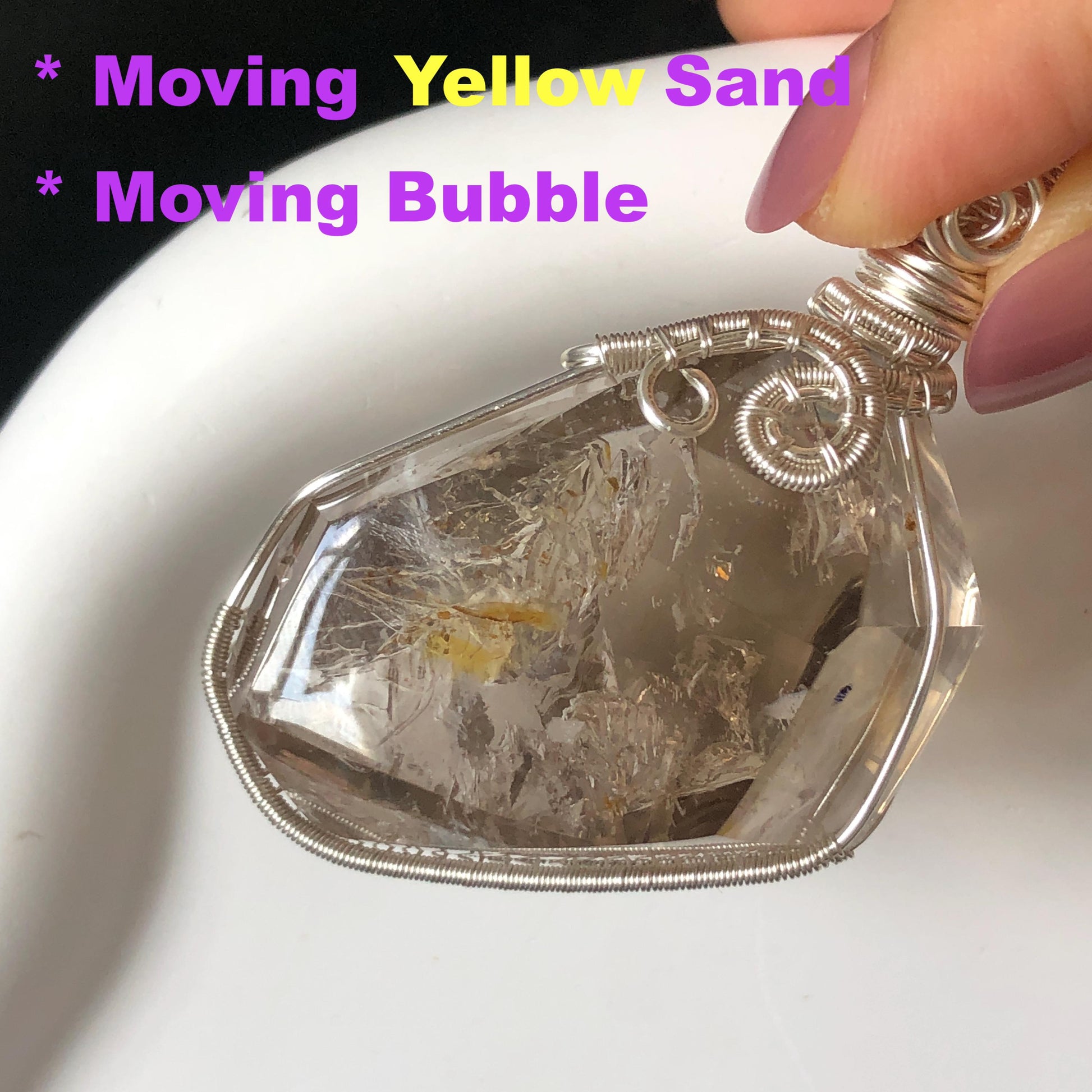 Polished Smoky Enhydro Quartz (Herkimer Diamond) Wrapped Wire Pendant Adjustable Necklace: Rare Moving Yellow Sand & Bubble Inclusion Crystal | Natural Gemstone Birthstone Gift for her enhydro quartz sand water-fall pendant necklace choker gemstone charm stone pendant choker polished stone pendant crystal charm birthstone gift men necklace chakra crystal purify stone minerals specimen adjustable choker mica quartz mica flakes silver wire wrapped pendant yellow hematoid