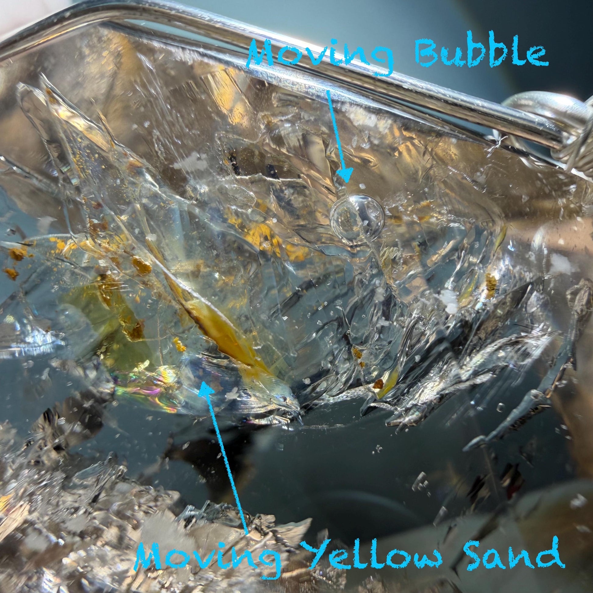 Polished Smoky Enhydro Quartz (Herkimer Diamond) Wrapped Wire Pendant Adjustable Necklace: Rare Moving Yellow Sand & Bubble Inclusion Crystal | Natural Gemstone Birthstone Gift for her enhydro quartz sand water-fall pendant necklace choker gemstone charm stone pendant choker polished stone pendant crystal charm birthstone gift men necklace chakra crystal purify stone minerals specimen adjustable choker mica quartz mica flakes silver wire wrapped pendant yellow hematoid