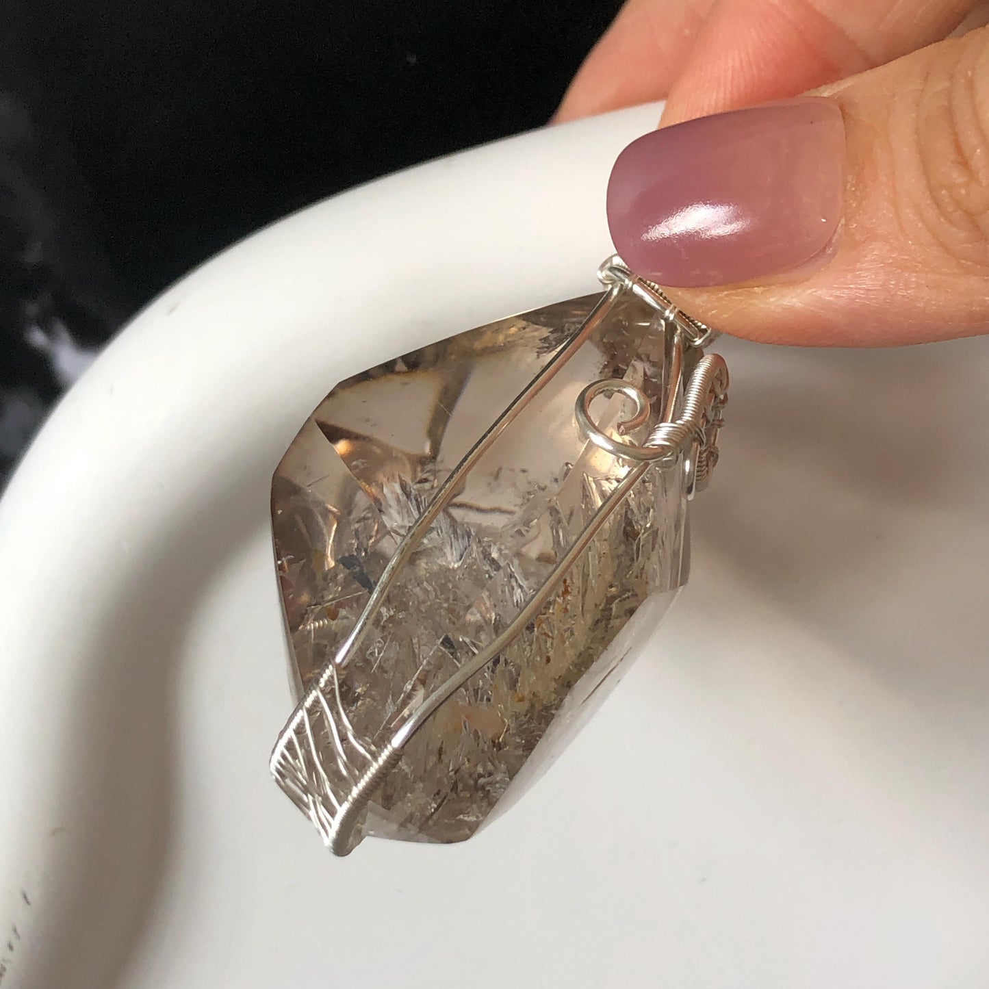 Polished Smoky Enhydro Quartz (Herkimer Diamond) Wrapped Wire Pendant Adjustable Necklace: Rare Moving Yellow Sand & Bubble Inclusion Crystal | Natural Gemstone Birthstone Gift for her enhydro quartz sand water-fall pendant necklace choker gemstone charm stone pendant choker polished stone pendant crystal charm birthstone gift men necklace chakra crystal purify stone minerals specimen adjustable choker mica quartz mica flakes silver wire wrapped pendant yellow hematoid