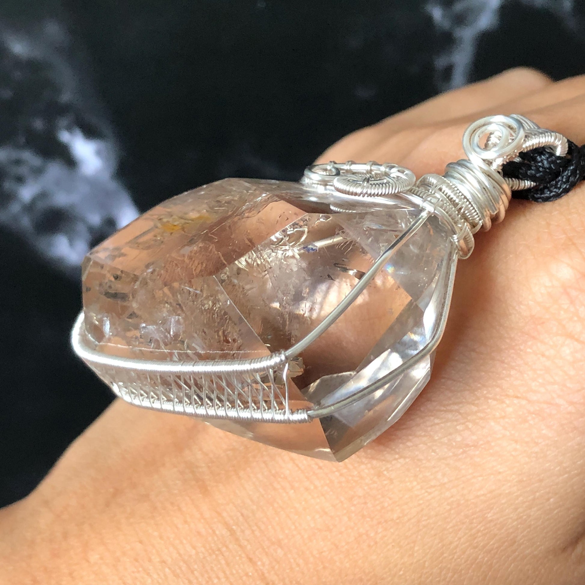 Polished Smoky Enhydro Quartz (Herkimer Diamond) Wrapped Wire Pendant Adjustable Necklace: Rare Moving Yellow Sand & Bubble Inclusion Crystal | Natural Gemstone Birthstone Gift for her enhydro quartz sand water-fall pendant necklace choker gemstone charm stone pendant choker polished stone pendant crystal charm birthstone gift men necklace chakra crystal purify stone minerals specimen adjustable choker mica quartz mica flakes silver wire wrapped pendant yellow hematoid