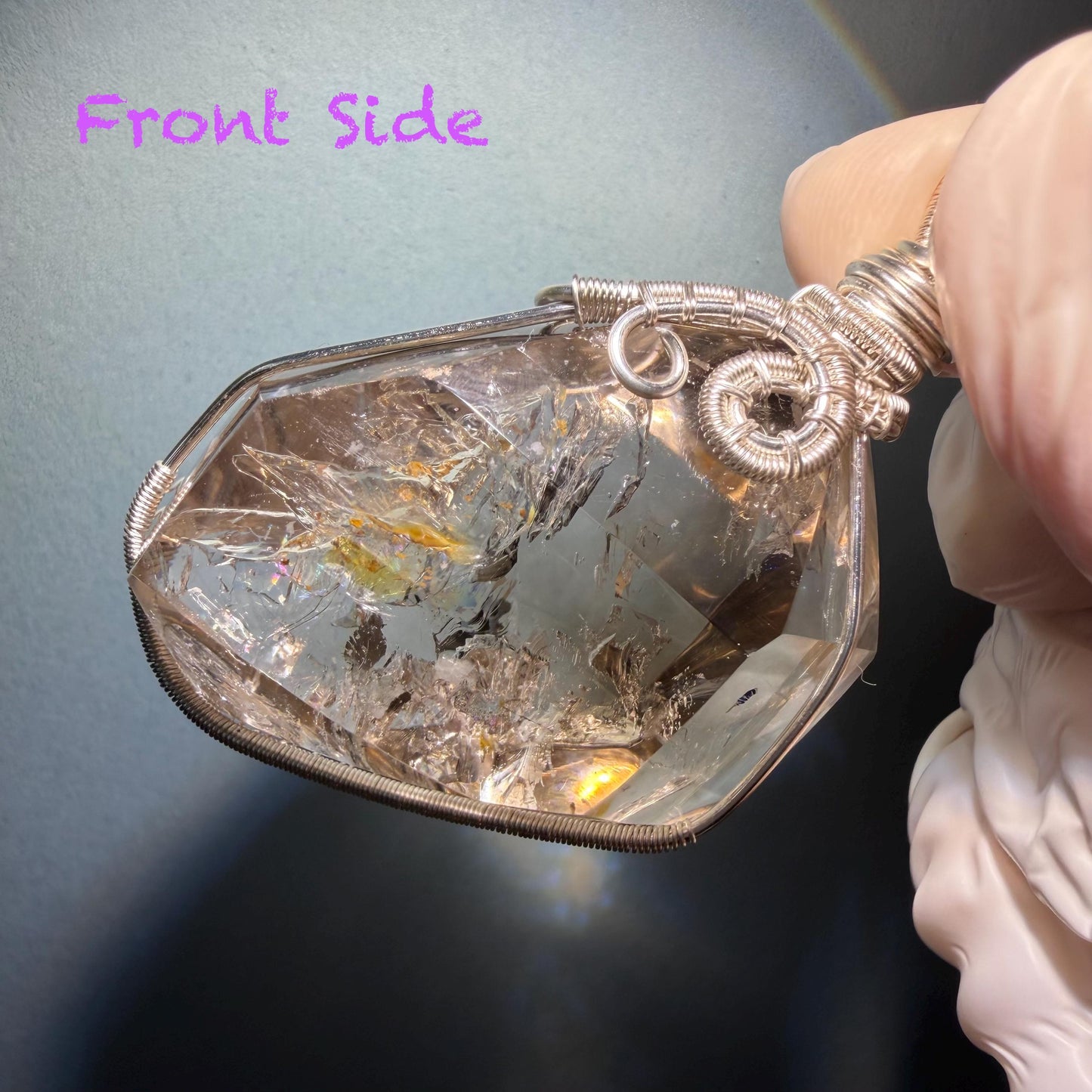 Polished Smoky Enhydro Quartz (Herkimer Diamond) Wrapped Wire Pendant Adjustable Necklace: Rare Moving Yellow Sand & Bubble Inclusion Crystal | Natural Gemstone Birthstone Gift for her enhydro quartz sand water-fall pendant necklace choker gemstone charm stone pendant choker polished stone pendant crystal charm birthstone gift men necklace chakra crystal purify stone minerals specimen adjustable choker mica quartz mica flakes silver wire wrapped pendant yellow hematoid