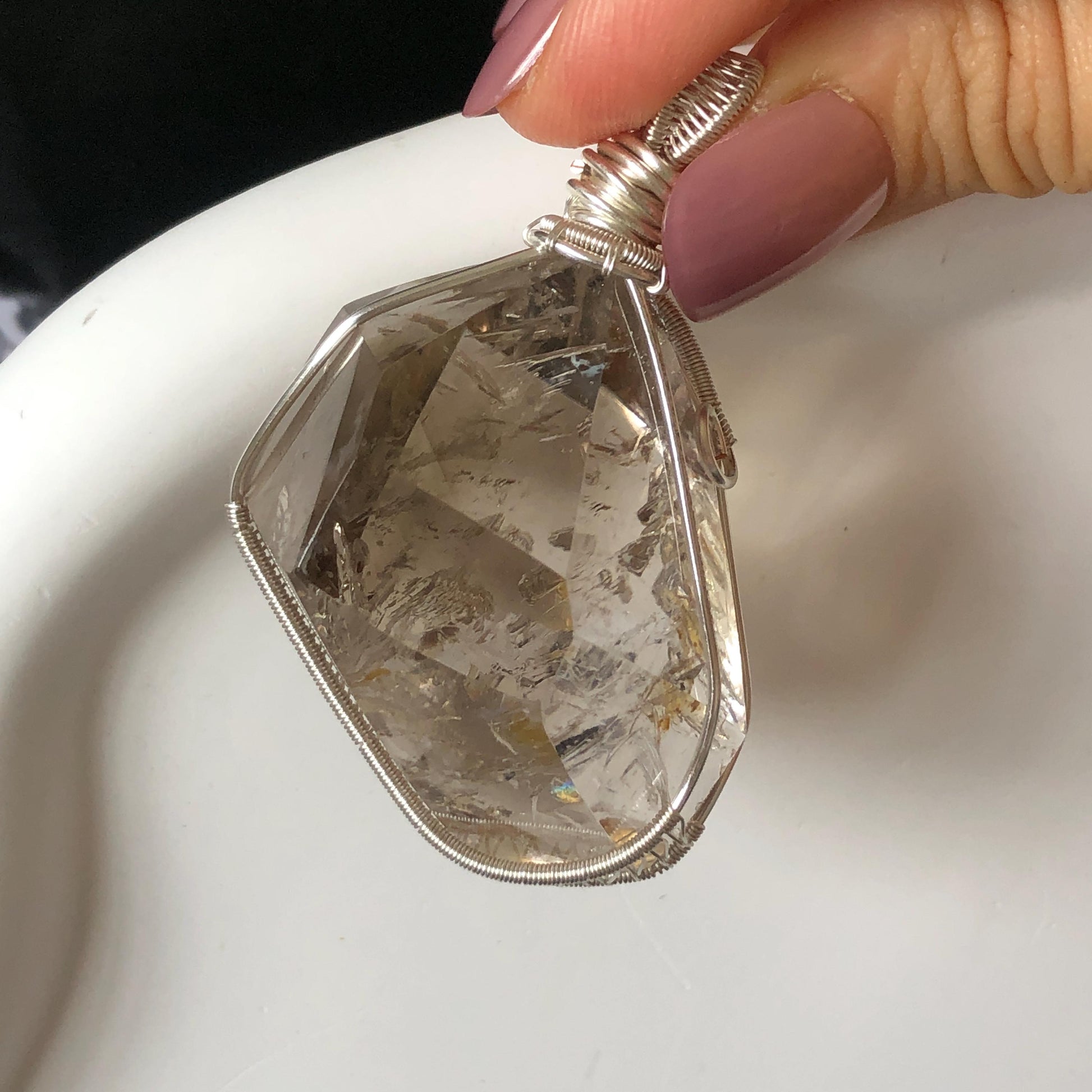 Polished Smoky Enhydro Quartz (Herkimer Diamond) Wrapped Wire Pendant Adjustable Necklace: Rare Moving Yellow Sand & Bubble Inclusion Crystal | Natural Gemstone Birthstone Gift for her enhydro quartz sand water-fall pendant necklace choker gemstone charm stone pendant choker polished stone pendant crystal charm birthstone gift men necklace chakra crystal purify stone minerals specimen adjustable choker mica quartz mica flakes silver wire wrapped pendant yellow hematoid