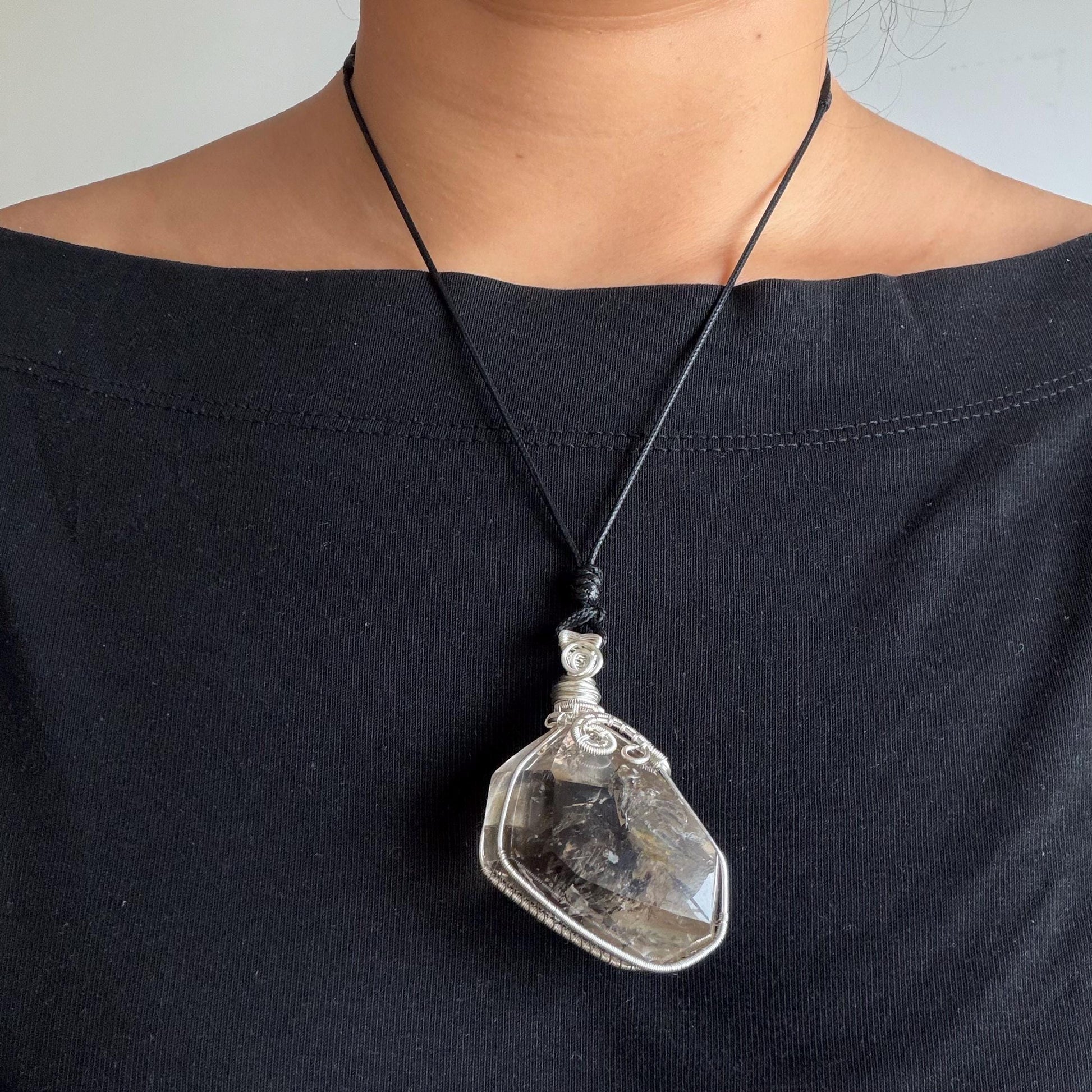 Polished Smoky Enhydro Quartz (Herkimer Diamond) Wrapped Wire Pendant Adjustable Necklace: Rare Moving Yellow Sand & Bubble Inclusion Crystal | Natural Gemstone Birthstone Gift for her enhydro quartz sand water-fall pendant necklace choker gemstone charm stone pendant choker polished stone pendant crystal charm birthstone gift men necklace chakra crystal purify stone minerals specimen adjustable choker mica quartz mica flakes silver wire wrapped pendant yellow hematoid