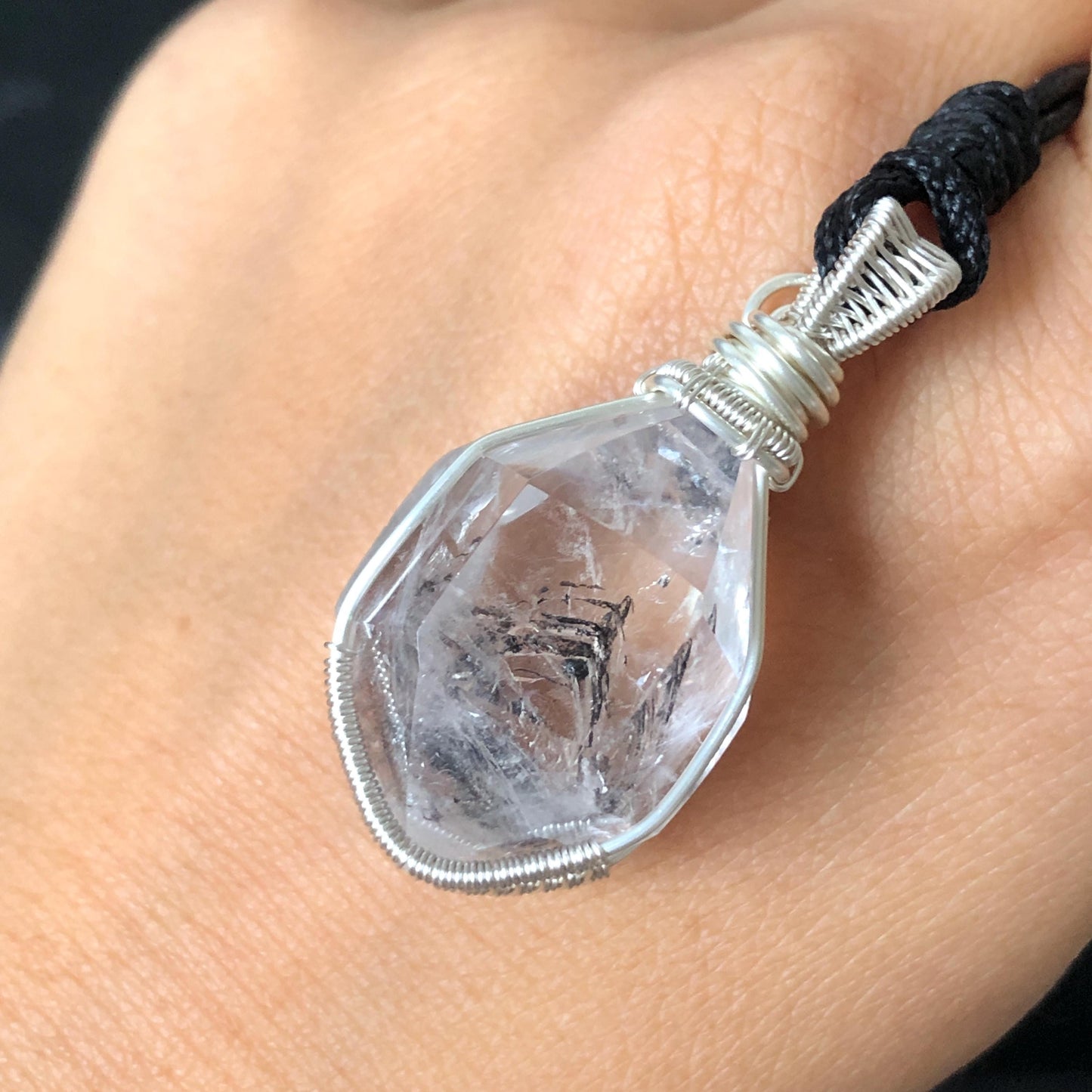 Rare Polished Enhydro Quartz (Herkimer Diamond) Mini Wire Wrapped Pendant Adjustable Necklace | Moving Sand & Black Bubble Inclusion Crystal | Natural Gemstone Birthstone Gift for her enhydro quartz sand water-fall pendant necklace choker gemstone charm stone pendant choker polished stone pendant crystal charm birthstone gift for her men necklace chakra crystal purify stone minerals specimen adjustable choker mica quartz mica flakes silver wire wrapped pendant
