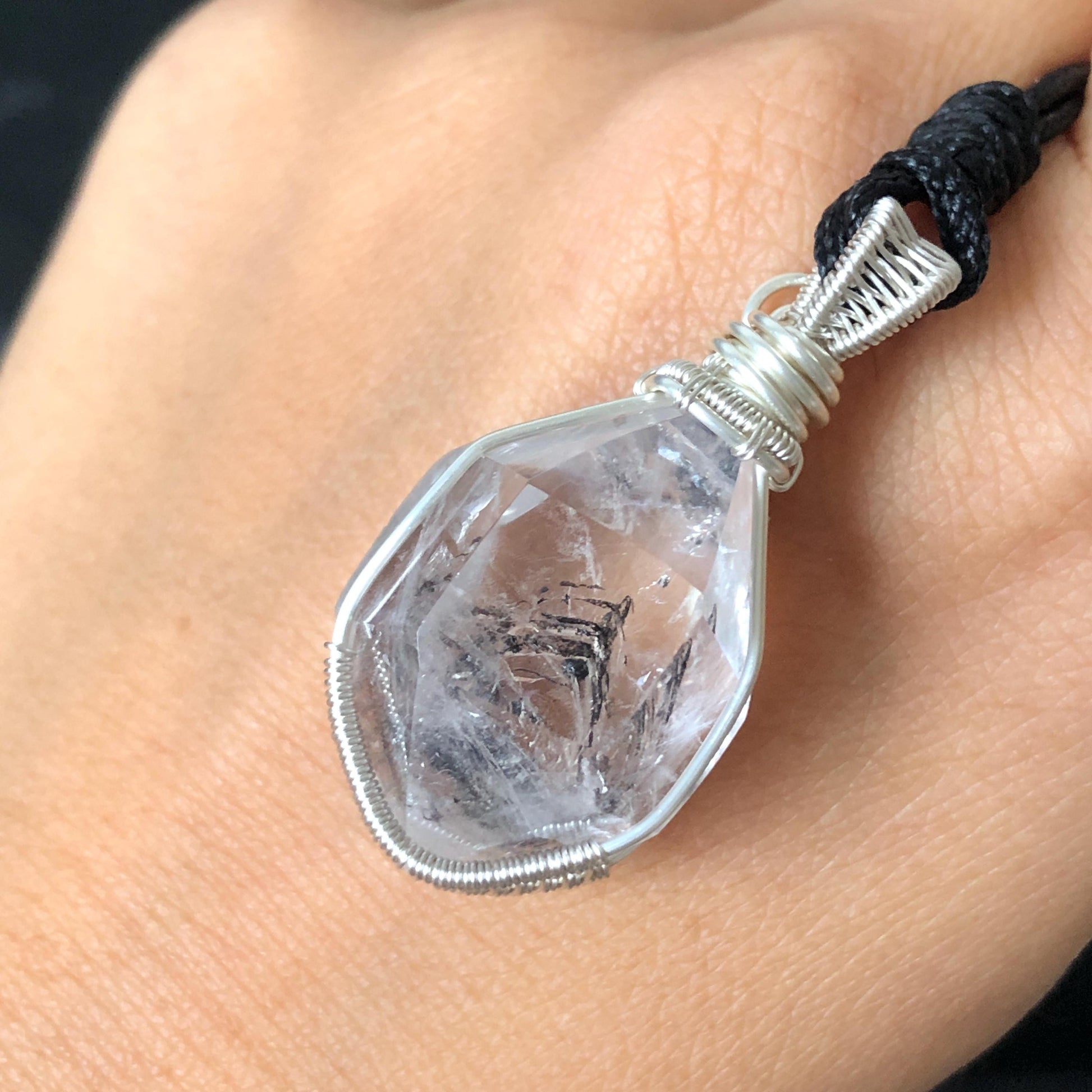 Rare Polished Enhydro Quartz (Herkimer Diamond) Mini Wire Wrapped Pendant Adjustable Necklace | Moving Sand & Black Bubble Inclusion Crystal | Natural Gemstone Birthstone Gift for her enhydro quartz sand water-fall pendant necklace choker gemstone charm stone pendant choker polished stone pendant crystal charm birthstone gift for her men necklace chakra crystal purify stone minerals specimen adjustable choker mica quartz mica flakes silver wire wrapped pendant