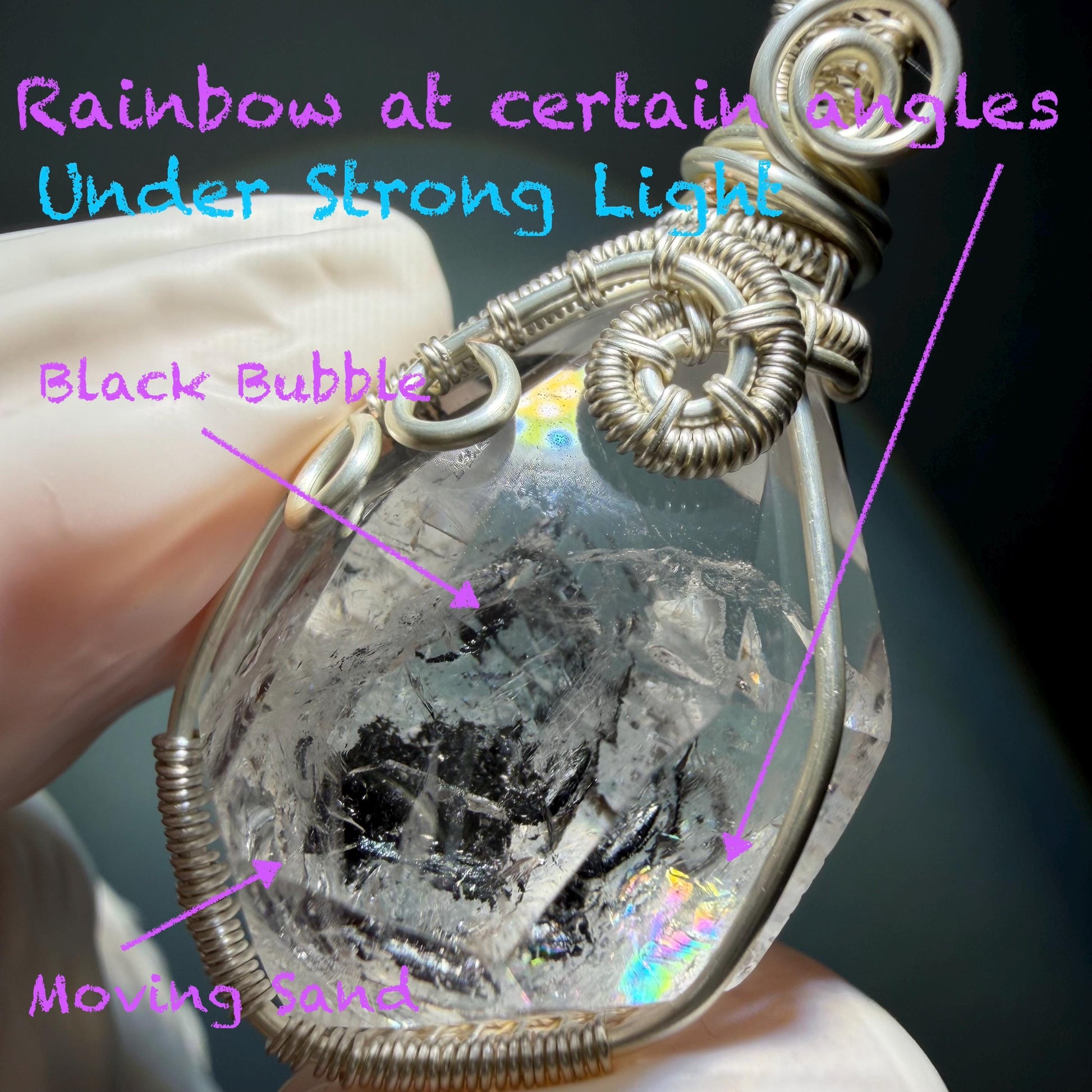 Rare Polished Enhydro Quartz (Herkimer Diamond) Mini Wire Wrapped Pendant Adjustable Necklace | Moving Sand & Black Bubble Inclusion Crystal | Natural Gemstone Birthstone Gift for her enhydro quartz sand water-fall pendant necklace choker gemstone charm stone pendant choker polished stone pendant crystal charm birthstone gift for her men necklace chakra crystal purify stone minerals specimen adjustable choker mica quartz mica flakes silver wire wrapped pendant