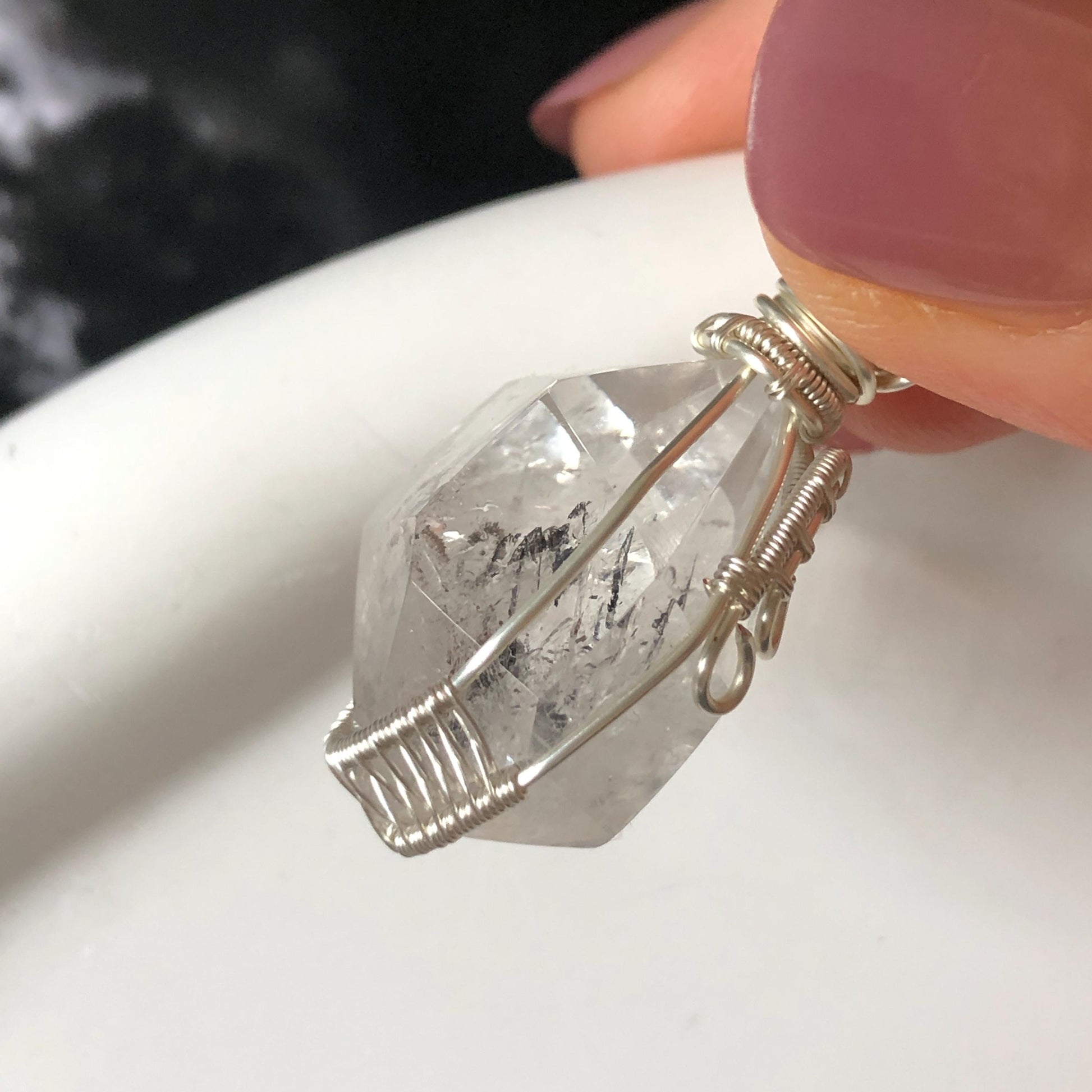 Rare Polished Enhydro Quartz (Herkimer Diamond) Mini Wire Wrapped Pendant Adjustable Necklace | Moving Sand & Black Bubble Inclusion Crystal | Natural Gemstone Birthstone Gift for her enhydro quartz sand water-fall pendant necklace choker gemstone charm stone pendant choker polished stone pendant crystal charm birthstone gift for her men necklace chakra crystal purify stone minerals specimen adjustable choker mica quartz mica flakes silver wire wrapped pendant