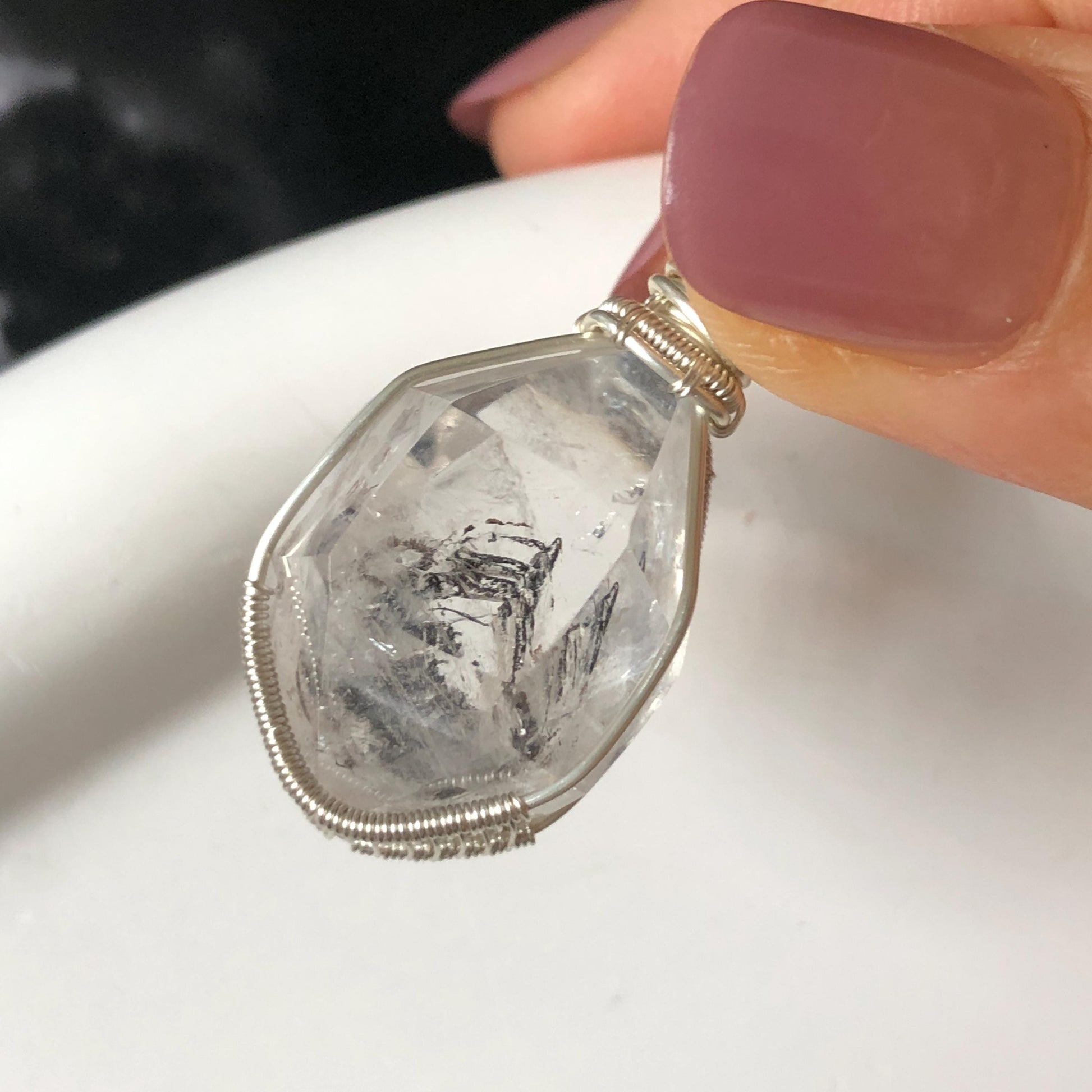 Rare Polished Enhydro Quartz (Herkimer Diamond) Mini Wire Wrapped Pendant Adjustable Necklace | Moving Sand & Black Bubble Inclusion Crystal | Natural Gemstone Birthstone Gift for her enhydro quartz sand water-fall pendant necklace choker gemstone charm stone pendant choker polished stone pendant crystal charm birthstone gift for her men necklace chakra crystal purify stone minerals specimen adjustable choker mica quartz mica flakes silver wire wrapped pendant