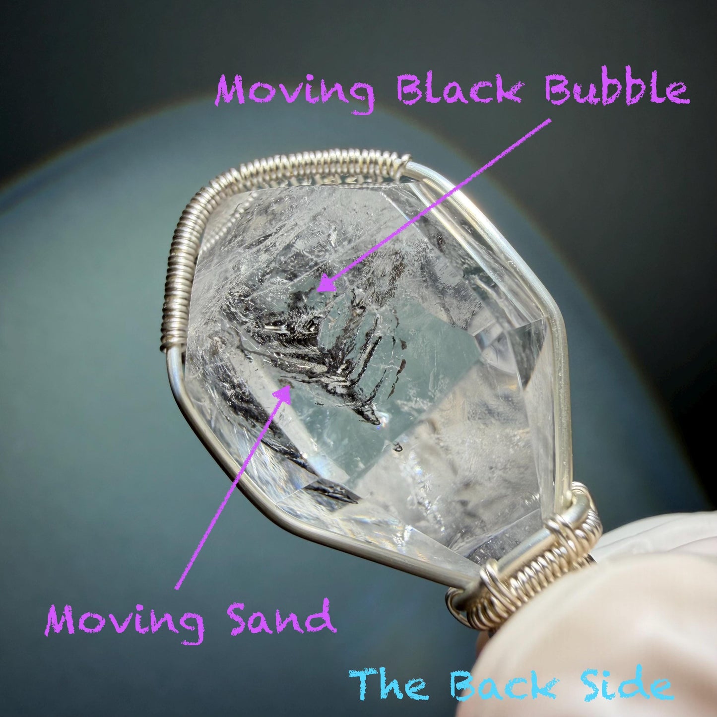 Rare Polished Enhydro Quartz (Herkimer Diamond) Mini Wire Wrapped Pendant Adjustable Necklace | Moving Sand & Black Bubble Inclusion Crystal | Natural Gemstone Birthstone Gift for her enhydro quartz sand water-fall pendant necklace choker gemstone charm stone pendant choker polished stone pendant crystal charm birthstone gift for her men necklace chakra crystal purify stone minerals specimen adjustable choker mica quartz mica flakes silver wire wrapped pendant