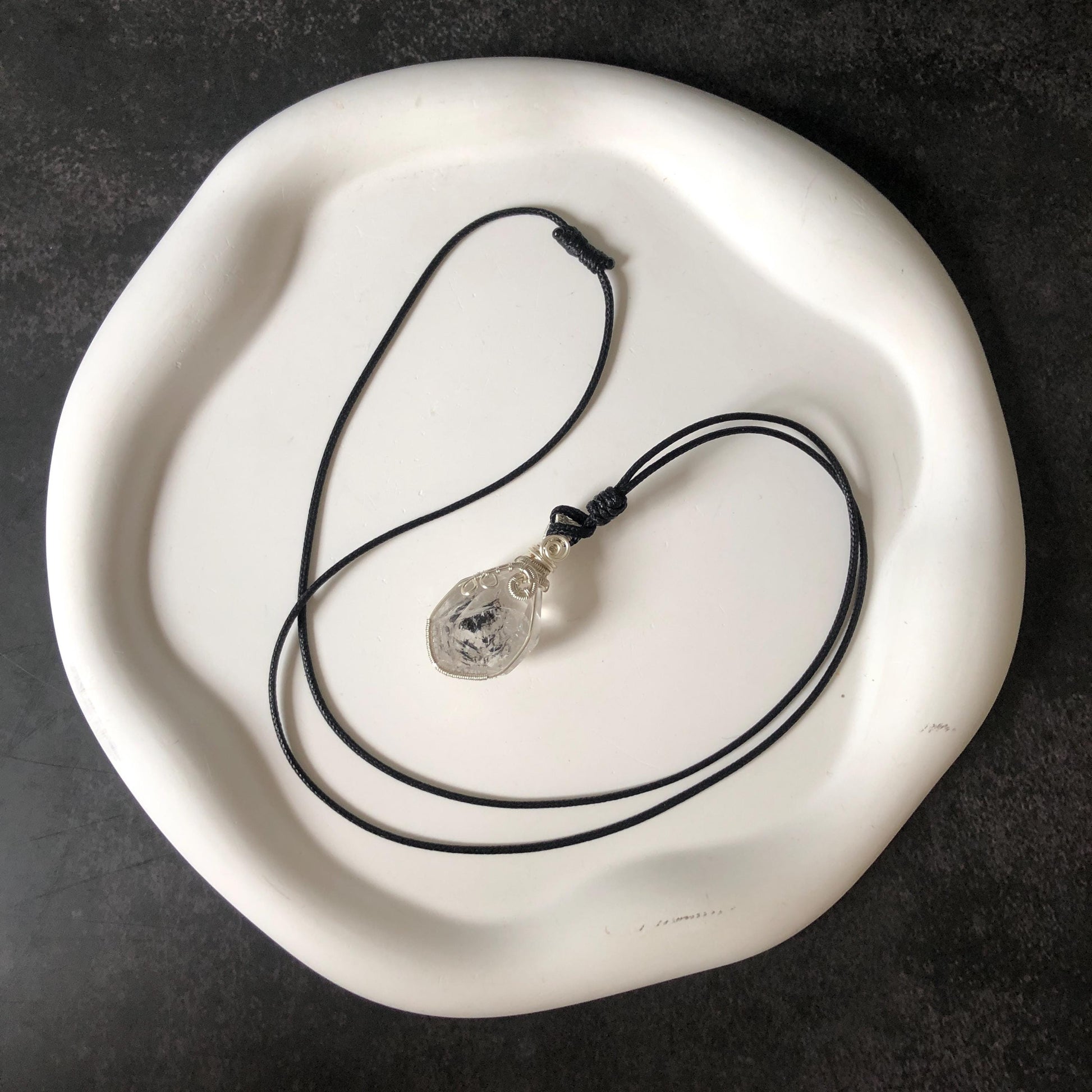Rare Polished Enhydro Quartz (Herkimer Diamond) Mini Wire Wrapped Pendant Adjustable Necklace | Moving Sand & Black Bubble Inclusion Crystal | Natural Gemstone Birthstone Gift for her enhydro quartz sand water-fall pendant necklace choker gemstone charm stone pendant choker polished stone pendant crystal charm birthstone gift for her men necklace chakra crystal purify stone minerals specimen adjustable choker mica quartz mica flakes silver wire wrapped pendant