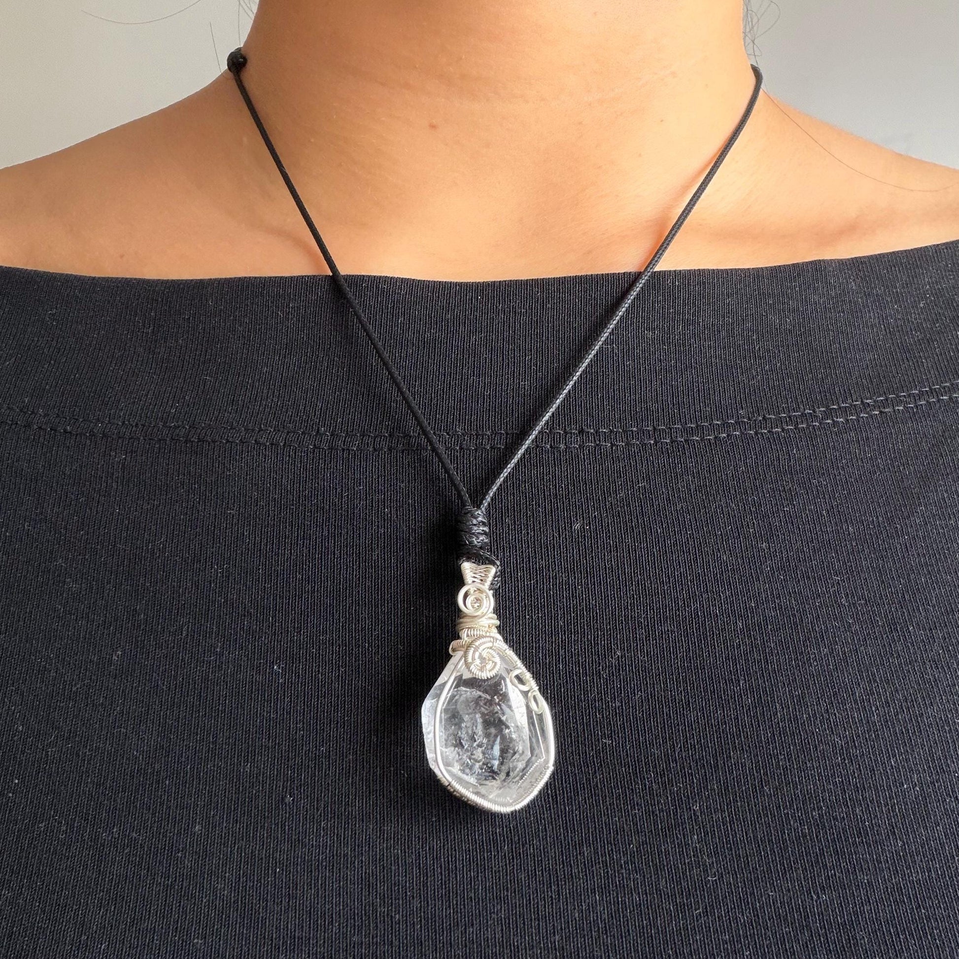 Rare Polished Enhydro Quartz (Herkimer Diamond) Mini Wire Wrapped Pendant Adjustable Necklace | Moving Sand & Black Bubble Inclusion Crystal | Natural Gemstone Birthstone Gift for her enhydro quartz sand water-fall pendant necklace choker gemstone charm stone pendant choker polished stone pendant crystal charm birthstone gift for her men necklace chakra crystal purify stone minerals specimen adjustable choker mica quartz mica flakes silver wire wrapped pendant