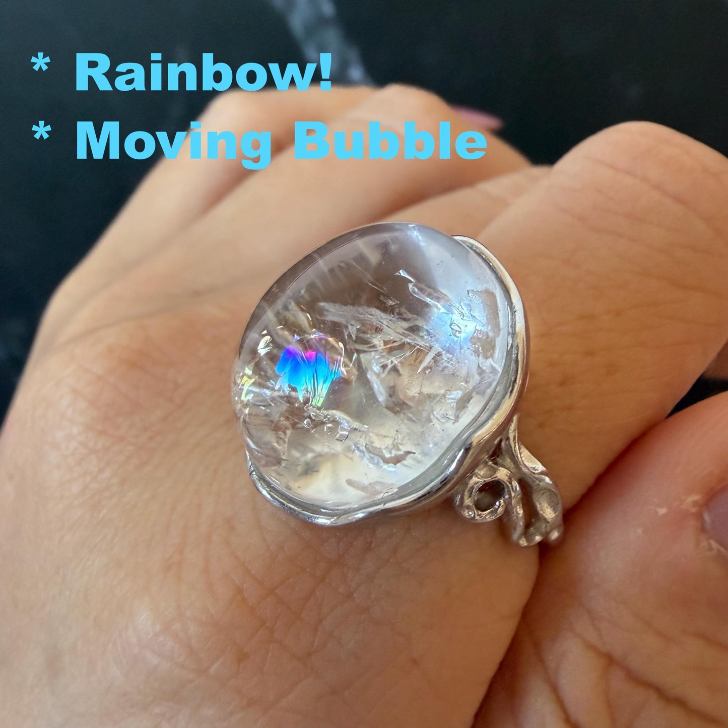 Polished Enhydro Quartz (Herkimer Diamond) S925 Silver Adjustable Ring: Rainbow! Moving Bubble Inclusion Crystal Statement Ring for Women crystal band ring crystal cocktail ring crystal stackable ring 7 chakra crystal ring meditation crystal healing stone birthstone silver ring ring for men rainbow quartz bubble inclusion quartz inclusion crystal
