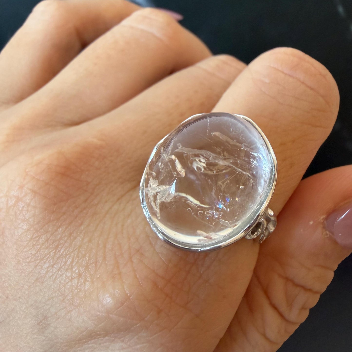 Polished Enhydro Quartz (Herkimer Diamond) S925 Silver Adjustable Ring: Rainbow! Moving Bubble Inclusion Crystal Statement Ring for Women crystal band ring crystal cocktail ring crystal stackable ring 7 chakra crystal ring meditation crystal healing stone birthstone silver ring ring for men rainbow quartz bubble inclusion quartz inclusion crystal