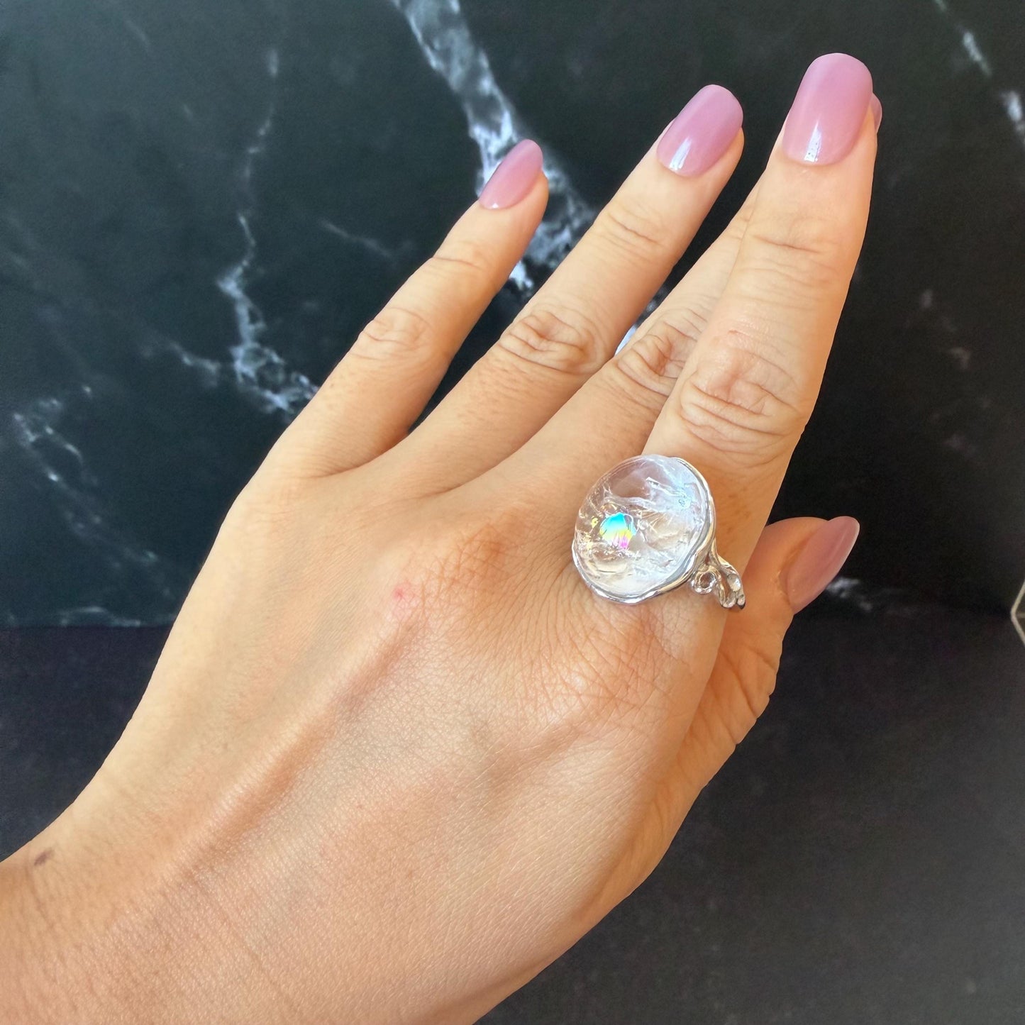Polished Enhydro Quartz (Herkimer Diamond) S925 Silver Adjustable Ring: Rainbow! Moving Bubble Inclusion Crystal Statement Ring for Women crystal band ring crystal cocktail ring crystal stackable ring 7 chakra crystal ring meditation crystal healing stone birthstone silver ring ring for men rainbow quartz bubble inclusion quartz inclusion crystal