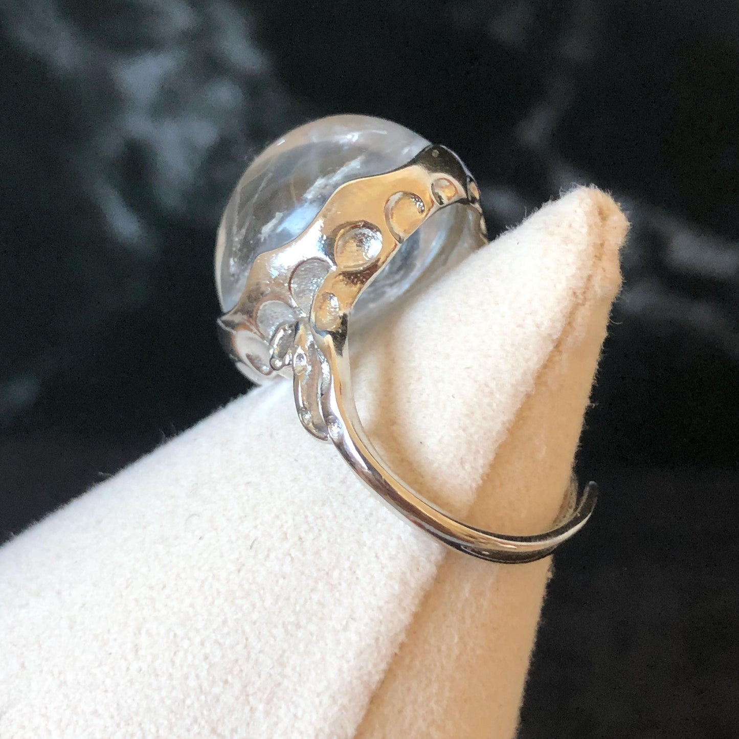 Polished Enhydro Quartz (Herkimer Diamond) S925 Silver Adjustable Ring: Rainbow! Moving Bubble Inclusion Crystal Statement Ring for Women crystal band ring crystal cocktail ring crystal stackable ring 7 chakra crystal ring meditation crystal healing stone birthstone silver ring ring for men rainbow quartz bubble inclusion quartz inclusion crystal