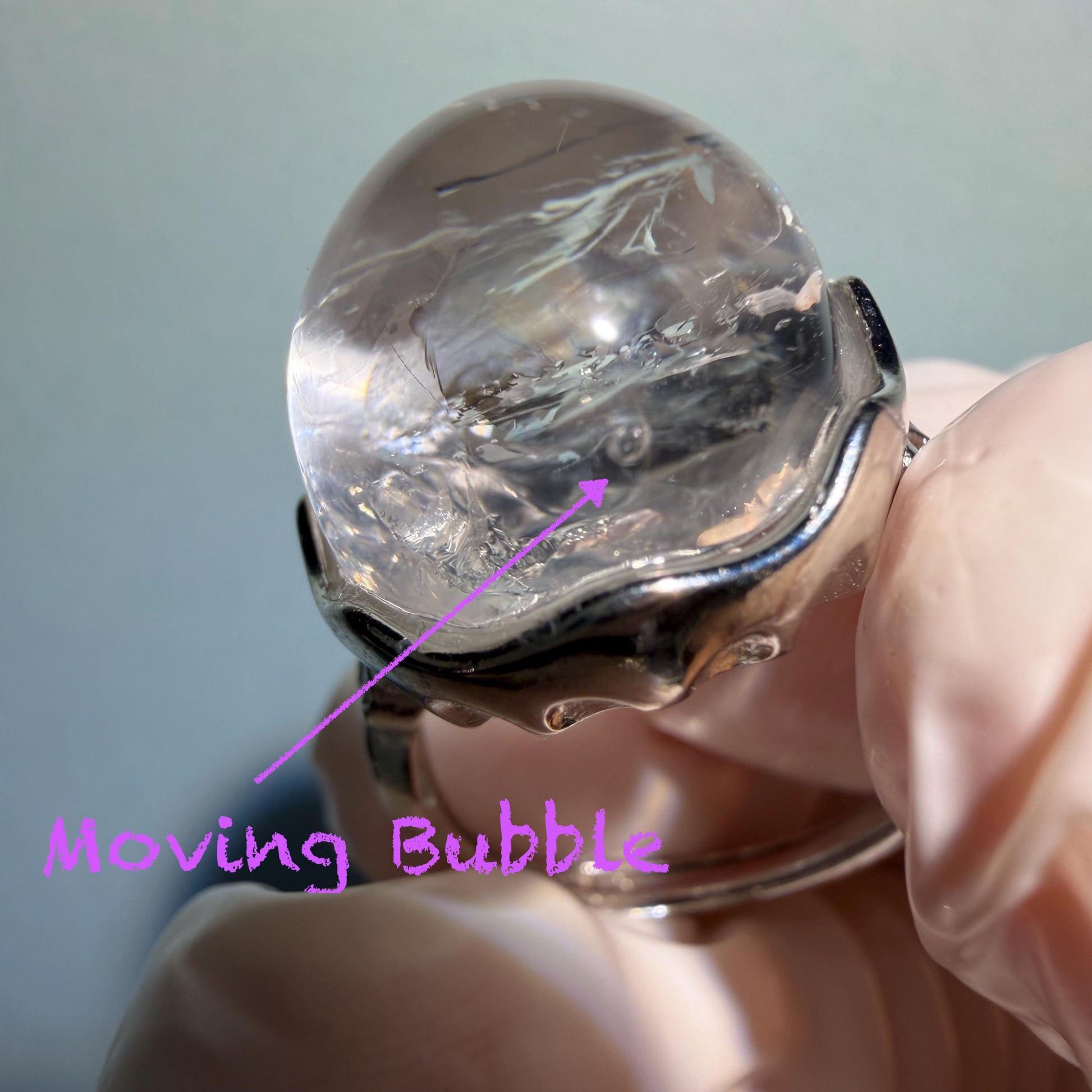 Polished Enhydro Quartz (Herkimer Diamond) S925 Silver Adjustable Ring: Rainbow! Moving Bubble Inclusion Crystal Statement Ring for Women crystal band ring crystal cocktail ring crystal stackable ring 7 chakra crystal ring meditation crystal healing stone birthstone silver ring ring for men rainbow quartz bubble inclusion quartz inclusion crystal