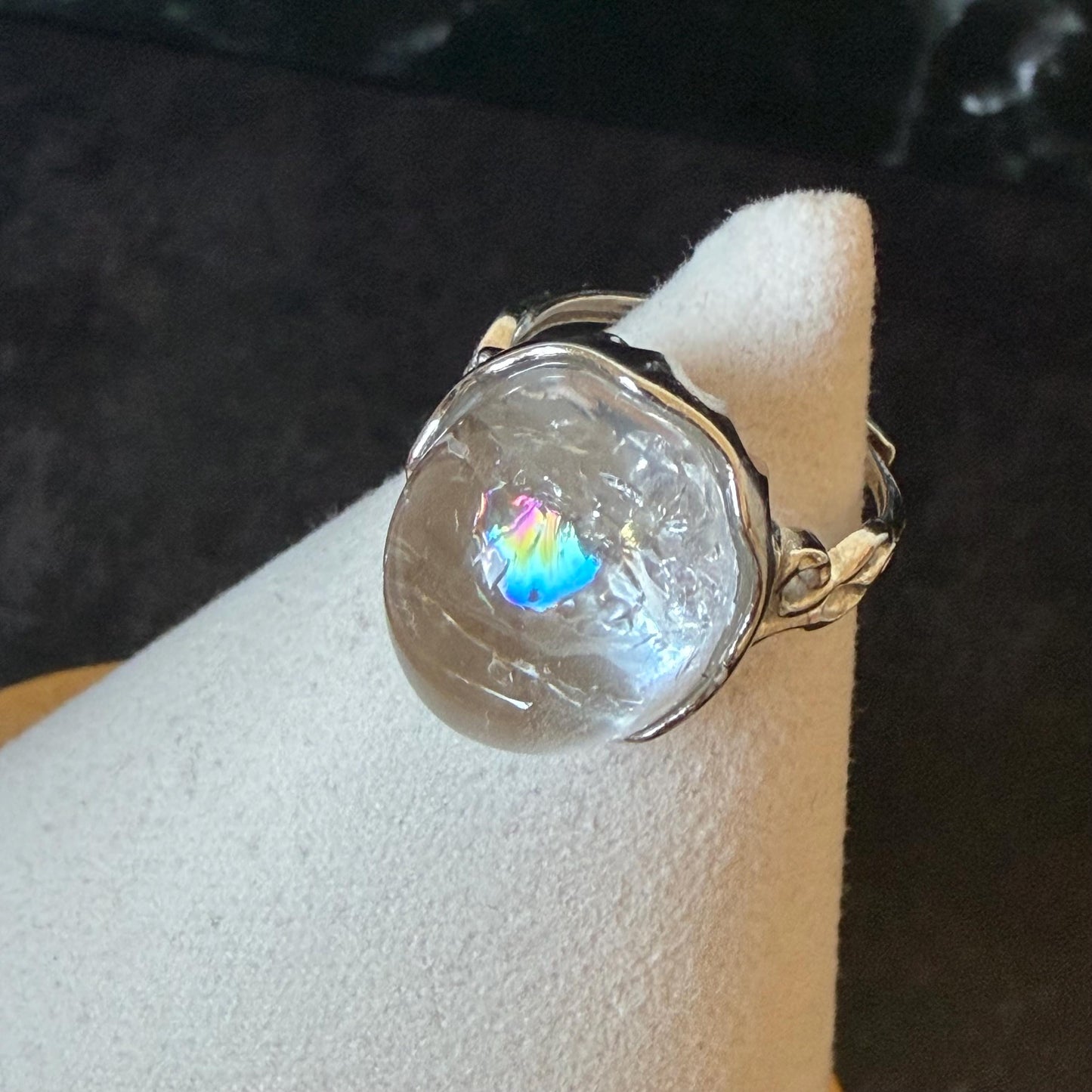 Polished Enhydro Quartz (Herkimer Diamond) S925 Silver Adjustable Ring: Rainbow! Moving Bubble Inclusion Crystal Statement Ring for Women crystal band ring crystal cocktail ring crystal stackable ring 7 chakra crystal ring meditation crystal healing stone birthstone silver ring ring for men rainbow quartz bubble inclusion quartz inclusion crystal