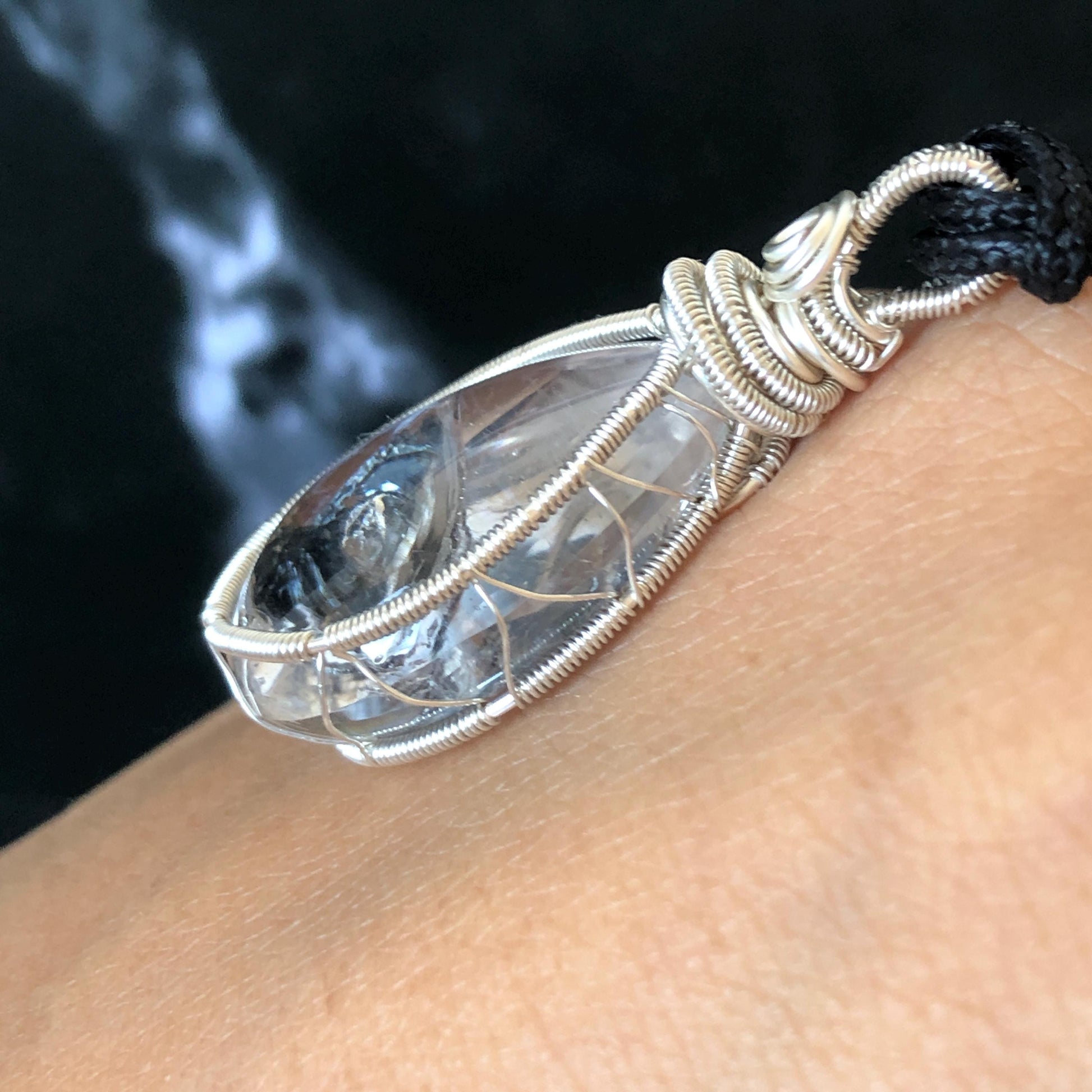 Rare Polished Enhydro Quartz (Herkimer Diamond) Wire Wrapped Pendant Adjustable Necklace: Sand Waterfall! Moving Sand & Mica, Clear Bubble Inclusion Crystal | Natural Gemstone Birthstone Gift for her enhydro quartz sand water-fall pendant necklace choker gemstone charm stone pendant choker polished stone pendant crystal charm birthstone gift for her men necklace chakra crystal purify stone minerals specimen adjustable choker mica quartz mica flakes silver wire wrapped pendant