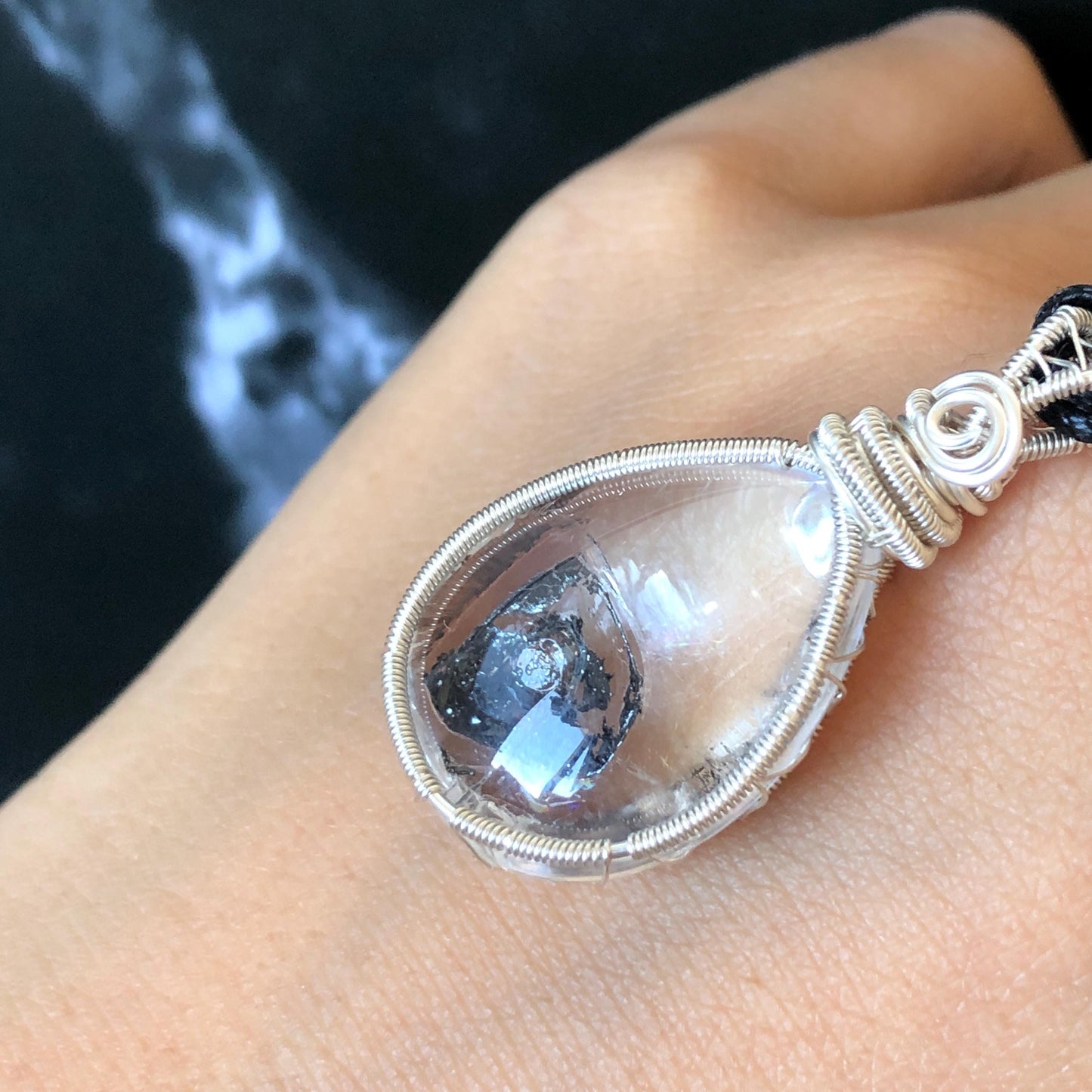 Rare Polished Enhydro Quartz (Herkimer Diamond) Wire Wrapped Pendant Adjustable Necklace: Sand Waterfall! Moving Sand & Mica, Clear Bubble Inclusion Crystal | Natural Gemstone Birthstone Gift for her enhydro quartz sand water-fall pendant necklace choker gemstone charm stone pendant choker polished stone pendant crystal charm birthstone gift for her men necklace chakra crystal purify stone minerals specimen adjustable choker mica quartz mica flakes silver wire wrapped pendant