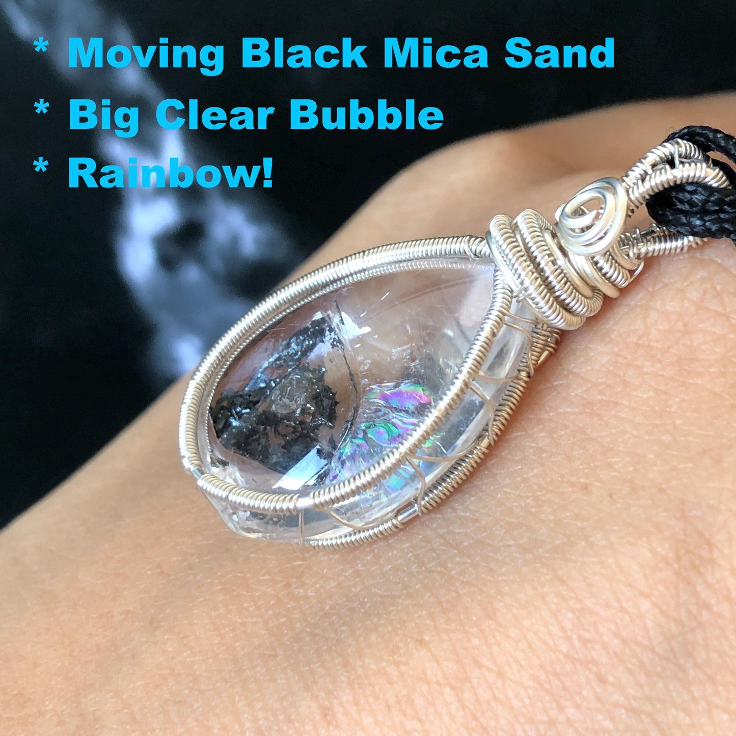 Rare Polished Enhydro Quartz (Herkimer Diamond) Wire Wrapped Pendant Adjustable Necklace: Sand Waterfall! Moving Sand & Mica, Clear Bubble Inclusion Crystal | Natural Gemstone Birthstone Gift for her enhydro quartz sand water-fall pendant necklace choker gemstone charm stone pendant choker polished stone pendant crystal charm birthstone gift for her men necklace chakra crystal purify stone minerals specimen adjustable choker mica quartz mica flakes silver wire wrapped pendant