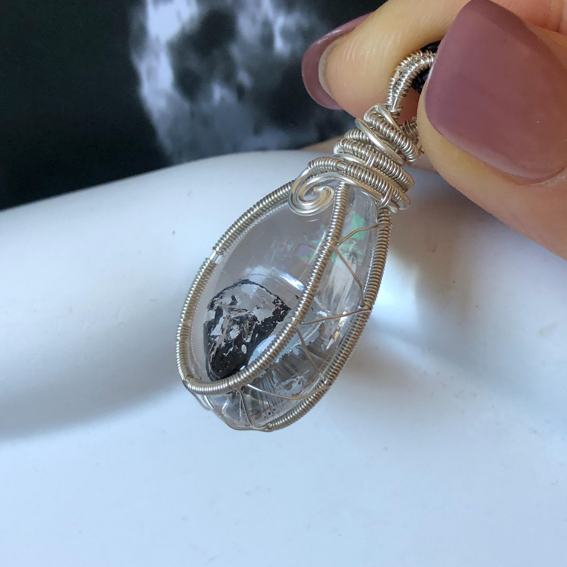 Rare Polished Enhydro Quartz (Herkimer Diamond) Wire Wrapped Pendant Adjustable Necklace: Sand Waterfall! Moving Sand & Mica, Clear Bubble Inclusion Crystal | Natural Gemstone Birthstone Gift for her enhydro quartz sand water-fall pendant necklace choker gemstone charm stone pendant choker polished stone pendant crystal charm birthstone gift for her men necklace chakra crystal purify stone minerals specimen adjustable choker mica quartz mica flakes silver wire wrapped pendant