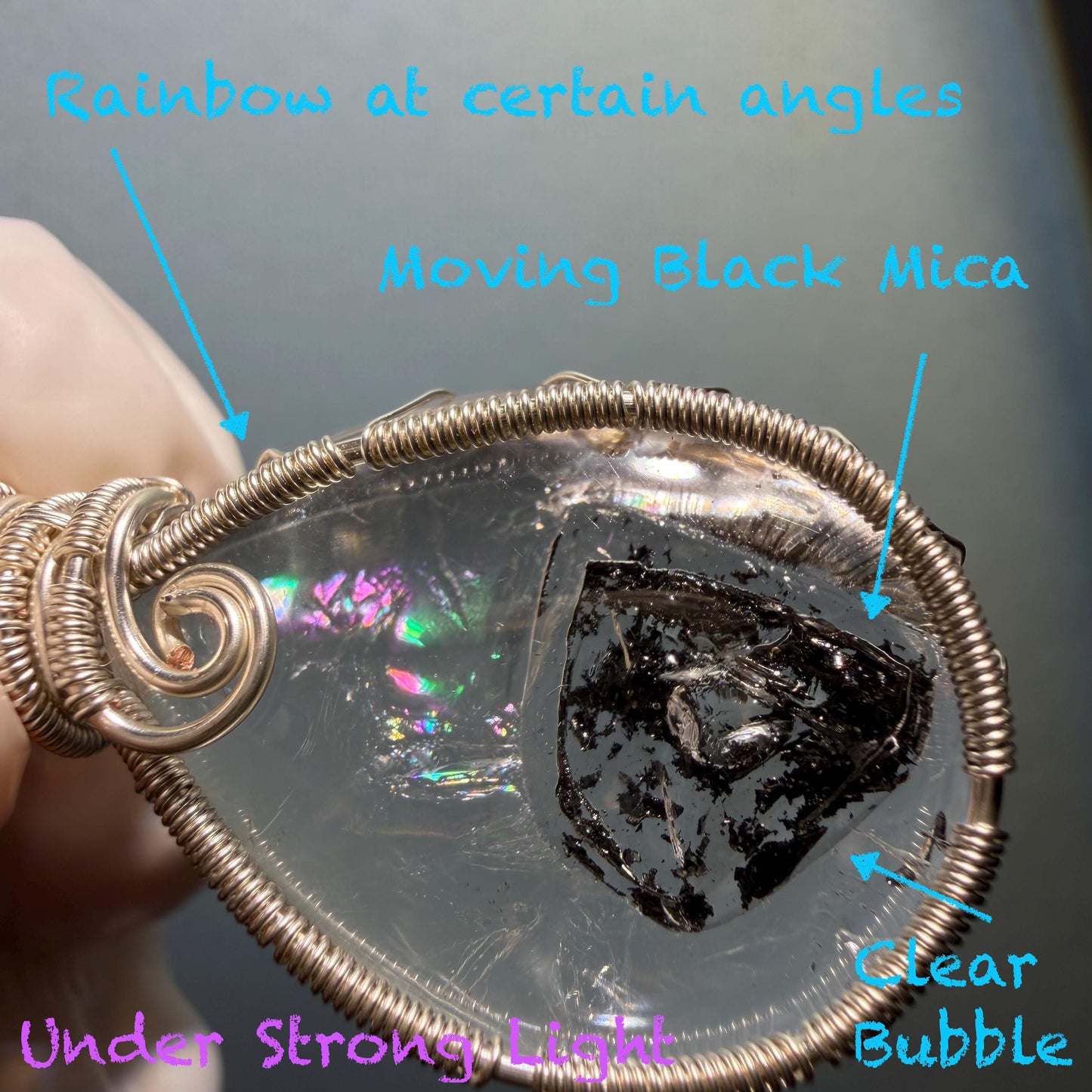 Rare Polished Enhydro Quartz (Herkimer Diamond) Wire Wrapped Pendant Adjustable Necklace: Sand Waterfall! Moving Sand & Mica, Clear Bubble Inclusion Crystal | Natural Gemstone Birthstone Gift for her enhydro quartz sand water-fall pendant necklace choker gemstone charm stone pendant choker polished stone pendant crystal charm birthstone gift for her men necklace chakra crystal purify stone minerals specimen adjustable choker mica quartz mica flakes silver wire wrapped pendant