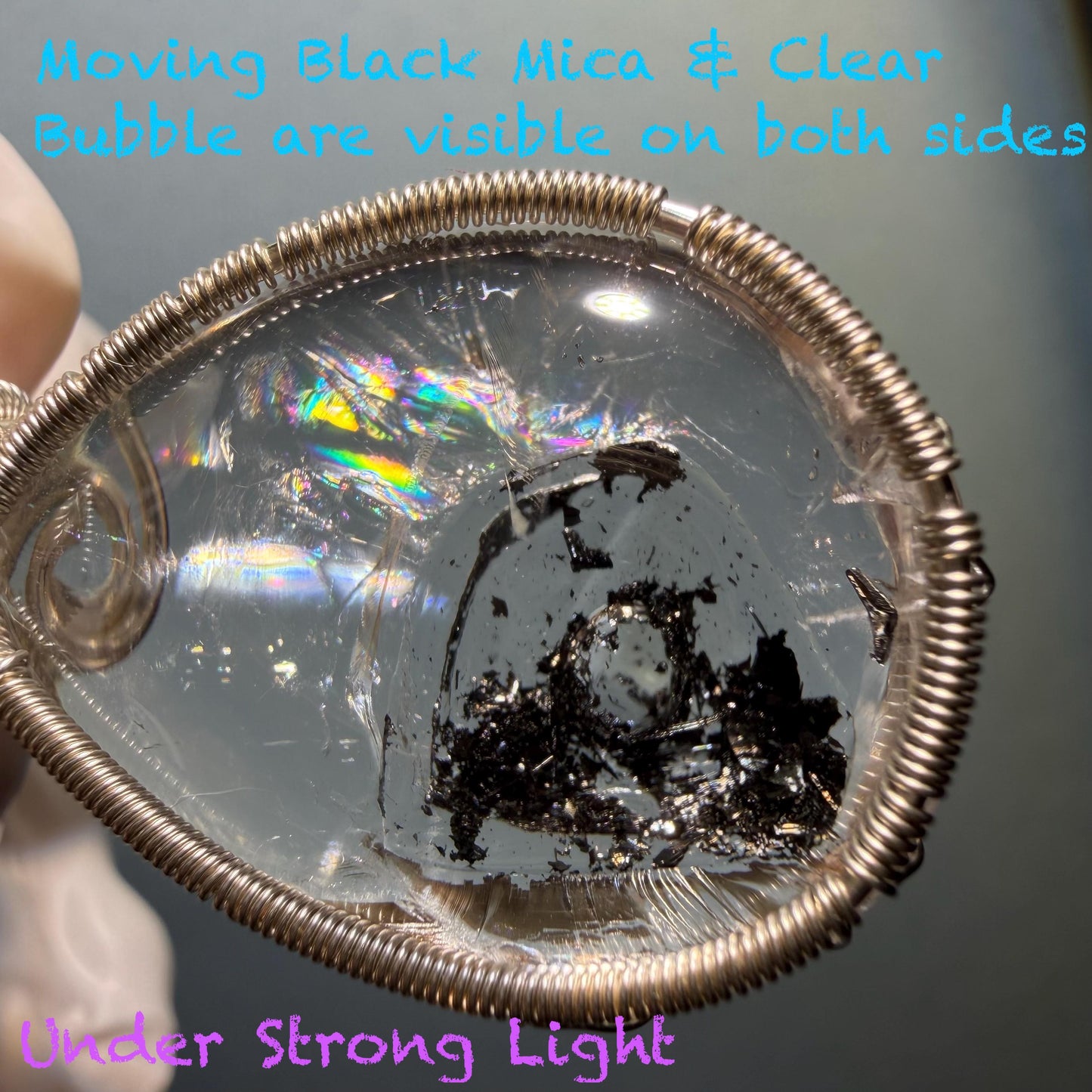 Rare Polished Enhydro Quartz (Herkimer Diamond) Wire Wrapped Pendant Adjustable Necklace: Sand Waterfall! Moving Sand & Mica, Clear Bubble Inclusion Crystal | Natural Gemstone Birthstone Gift for her enhydro quartz sand water-fall pendant necklace choker gemstone charm stone pendant choker polished stone pendant crystal charm birthstone gift for her men necklace chakra crystal purify stone minerals specimen adjustable choker mica quartz mica flakes silver wire wrapped pendant