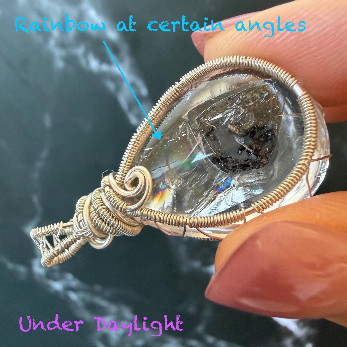 Rare Polished Enhydro Quartz (Herkimer Diamond) Wire Wrapped Pendant Adjustable Necklace: Sand Waterfall! Moving Sand & Mica, Clear Bubble Inclusion Crystal | Natural Gemstone Birthstone Gift for her enhydro quartz sand water-fall pendant necklace choker gemstone charm stone pendant choker polished stone pendant crystal charm birthstone gift for her men necklace chakra crystal purify stone minerals specimen adjustable choker mica quartz mica flakes silver wire wrapped pendant