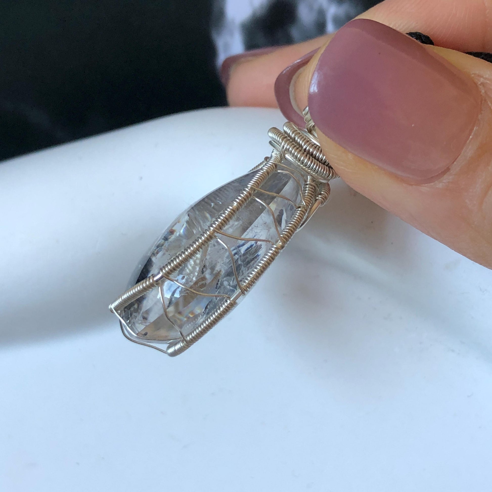 Rare Polished Enhydro Quartz (Herkimer Diamond) Wire Wrapped Pendant Adjustable Necklace: Sand Waterfall! Moving Sand & Mica, Clear Bubble Inclusion Crystal | Natural Gemstone Birthstone Gift for her enhydro quartz sand water-fall pendant necklace choker gemstone charm stone pendant choker polished stone pendant crystal charm birthstone gift for her men necklace chakra crystal purify stone minerals specimen adjustable choker mica quartz mica flakes silver wire wrapped pendant