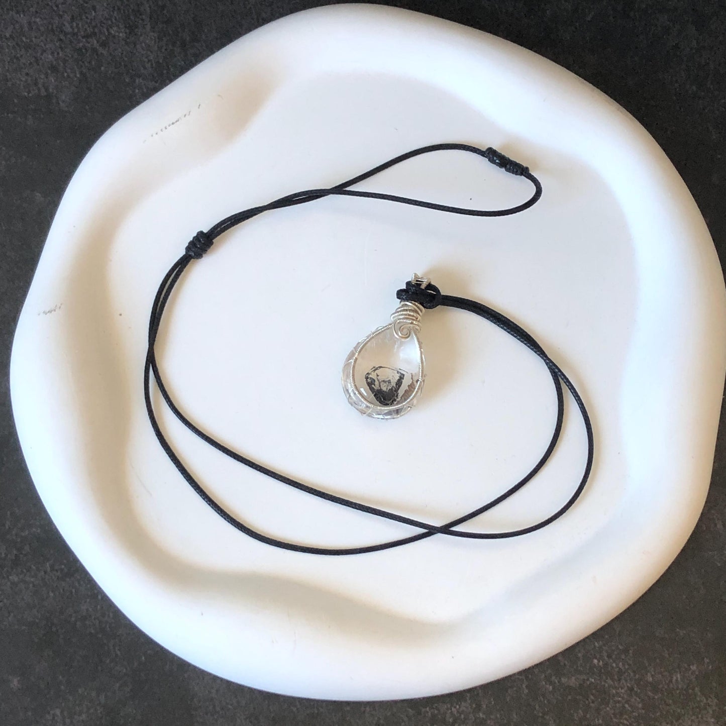 Rare Polished Enhydro Quartz (Herkimer Diamond) Wire Wrapped Pendant Adjustable Necklace: Sand Waterfall! Moving Sand & Mica, Clear Bubble Inclusion Crystal | Natural Gemstone Birthstone Gift for her enhydro quartz sand water-fall pendant necklace choker gemstone charm stone pendant choker polished stone pendant crystal charm birthstone gift for her men necklace chakra crystal purify stone minerals specimen adjustable choker mica quartz mica flakes silver wire wrapped pendant