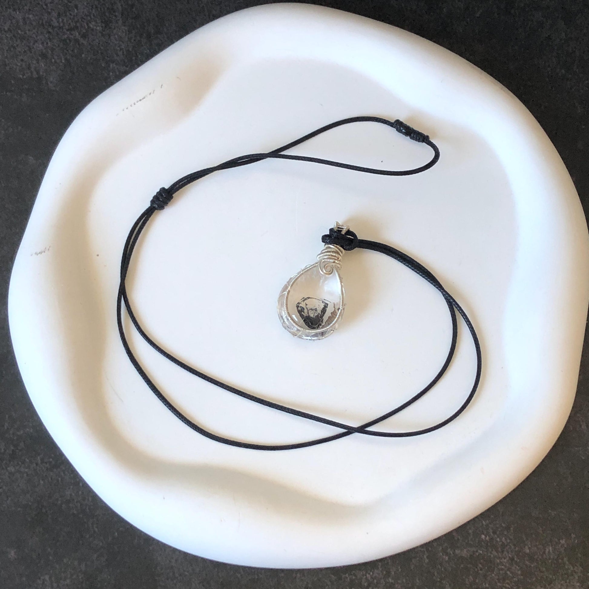 Rare Polished Enhydro Quartz (Herkimer Diamond) Wire Wrapped Pendant Adjustable Necklace: Sand Waterfall! Moving Sand & Mica, Clear Bubble Inclusion Crystal | Natural Gemstone Birthstone Gift for her enhydro quartz sand water-fall pendant necklace choker gemstone charm stone pendant choker polished stone pendant crystal charm birthstone gift for her men necklace chakra crystal purify stone minerals specimen adjustable choker mica quartz mica flakes silver wire wrapped pendant