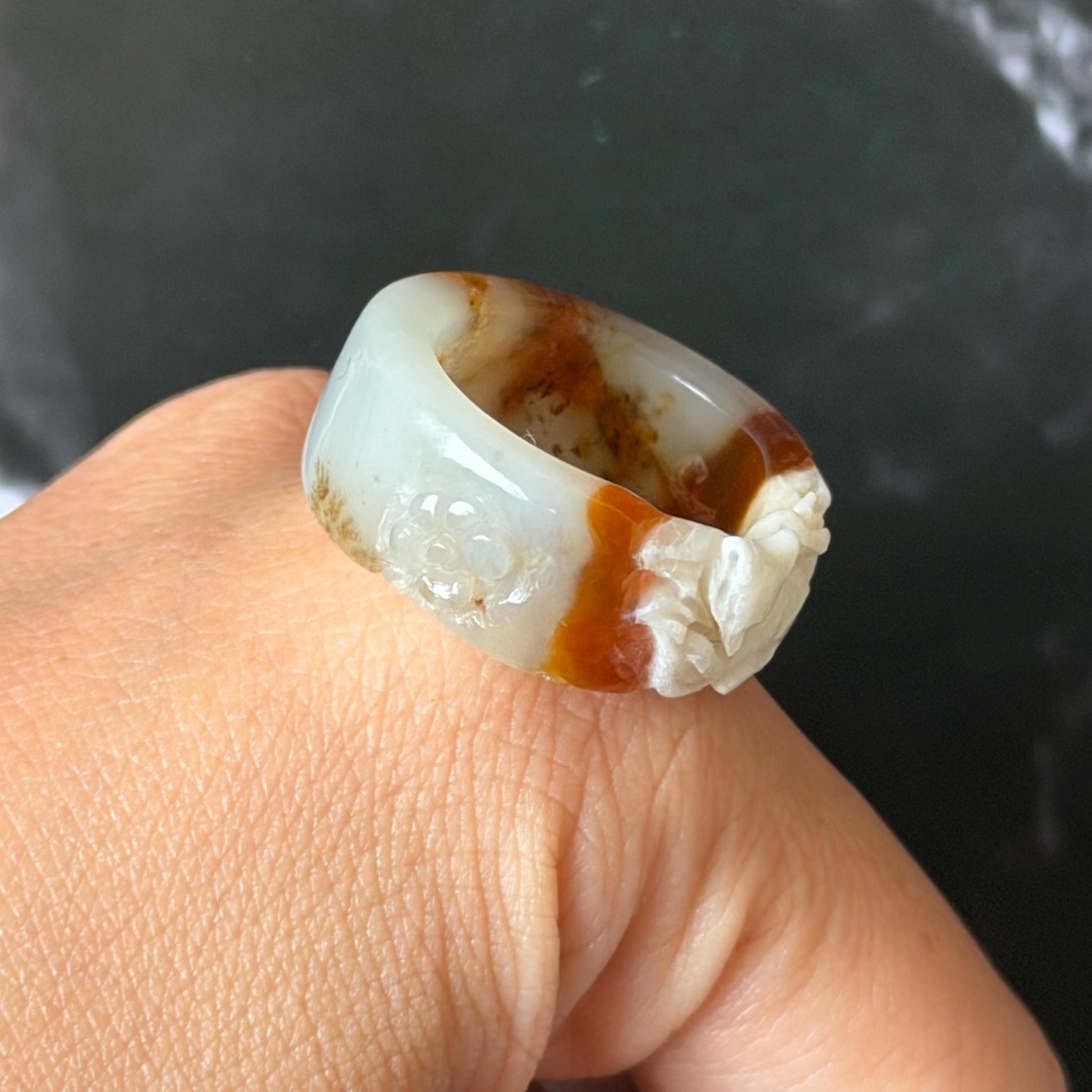 Xiu Jade Serpentine Hand Carved Nine-tailed Fox Statement Ring 17.7mm (US 7.5): Natural Brown Yellow White Jade 3D Fox Carving Stone Band Ring gift for her yellow jade carving white jade nine tail fox carving hand engraved statement ring peony carving hand carved flower carving moon carving moon ring natural untreated jade