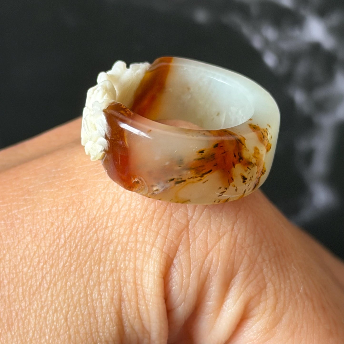 Xiu Jade Serpentine Hand Carved Nine-tailed Fox Statement Ring 17.7mm (US 7.5): Natural Brown Yellow White Jade 3D Fox Carving Stone Band Ring gift for her yellow jade carving white jade nine tail fox carving hand engraved statement ring peony carving hand carved flower carving moon carving moon ring natural untreated jade