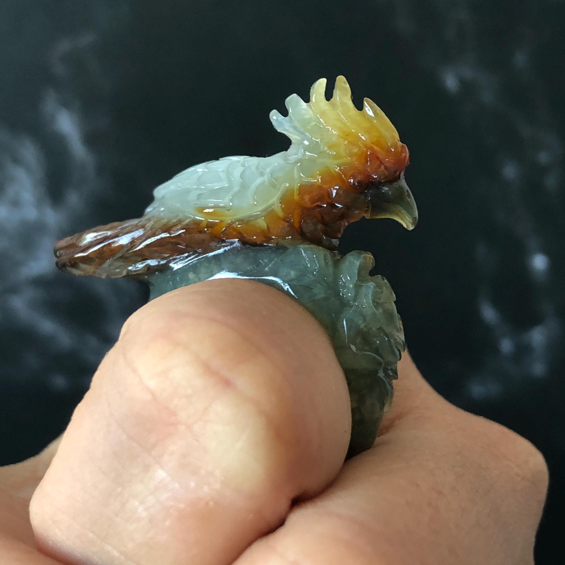 Natural Xiu Jade Serpentine Hand Carved 3D Parrot Ring 17.1mm (US 6.5): Gradient Multi-colour Green Yellow Brown White Jade Statement Ring Band Ring gift for her brown jade carving green jade white jade yellow jade orange jade multi colour jade parrot carving bird carving hand engraved statement ring flower carving hand carved flower natural untreated jade handcrafted jade ring 3D carving Stone carving Gemstone Carving Bird Lover gift Parrot Lover Gift jade cocktail ring jade band ring