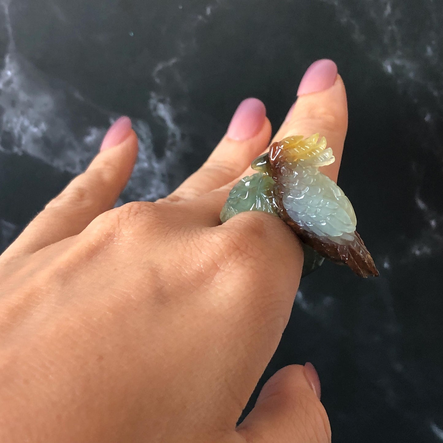 Natural Xiu Jade Serpentine Hand Carved 3D Parrot Ring 17.1mm (US 6.5): Gradient Multi-colour Green Yellow Brown White Jade Statement Ring Band Ring gift for her brown jade carving green jade white jade yellow jade orange jade multi colour jade parrot carving bird carving hand engraved statement ring flower carving hand carved flower natural untreated jade handcrafted jade ring 3D carving Stone carving Gemstone Carving Bird Lover gift Parrot Lover Gift jade cocktail ring jade band ring