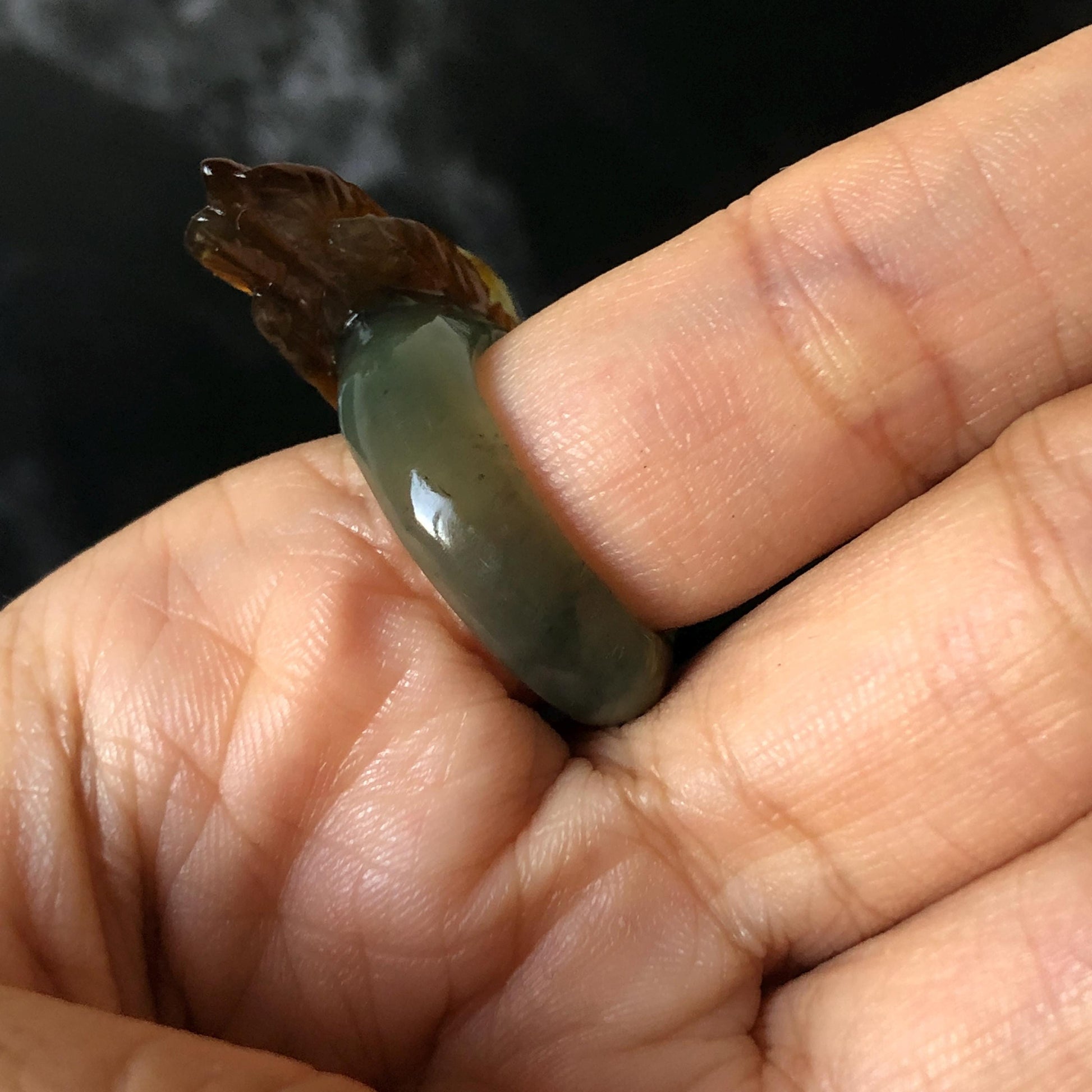 Natural Xiu Jade Serpentine Hand Carved 3D Parrot Ring 17.1mm (US 6.5): Gradient Multi-colour Green Yellow Brown White Jade Statement Ring Band Ring gift for her brown jade carving green jade white jade yellow jade orange jade multi colour jade parrot carving bird carving hand engraved statement ring flower carving hand carved flower natural untreated jade handcrafted jade ring 3D carving Stone carving Gemstone Carving Bird Lover gift Parrot Lover Gift jade cocktail ring jade band ring