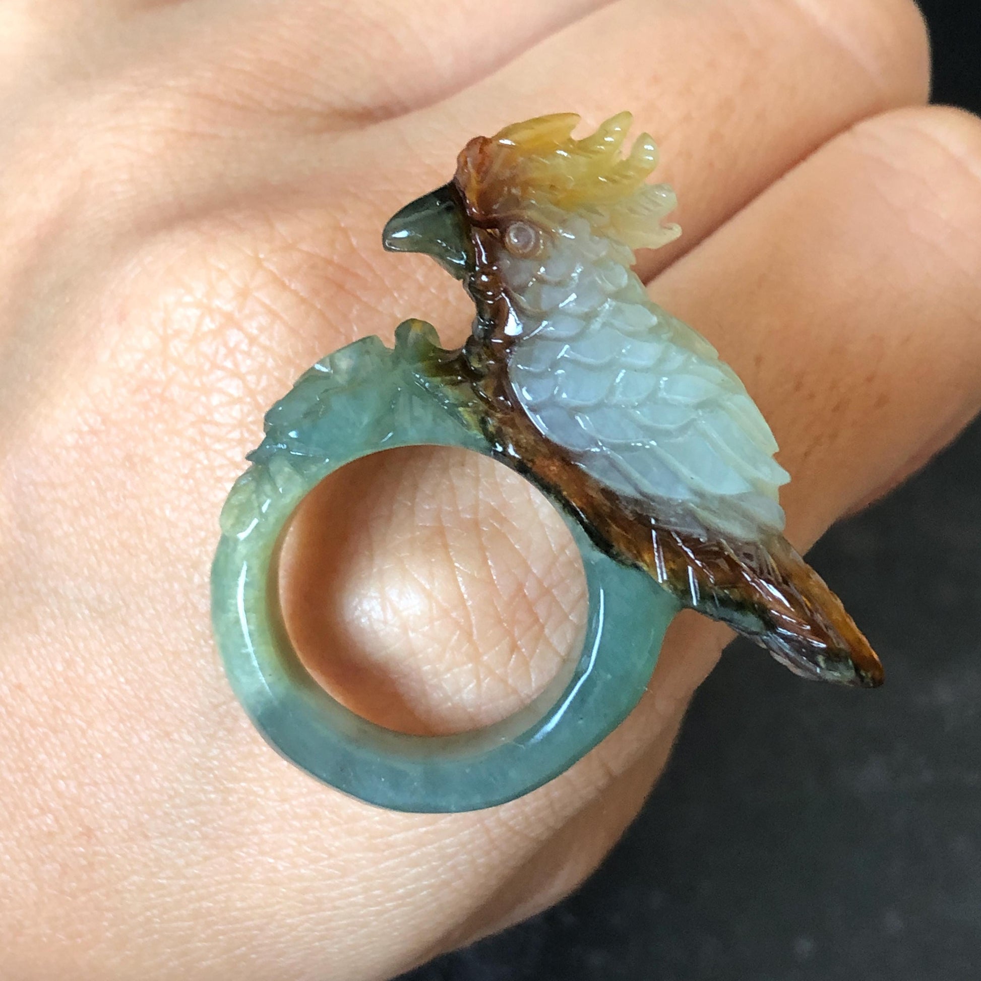 Natural Xiu Jade Serpentine Hand Carved 3D Parrot Ring 17.1mm (US 6.5): Gradient Multi-colour Green Yellow Brown White Jade Statement Ring Band Ring gift for her brown jade carving green jade white jade yellow jade orange jade multi colour jade parrot carving bird carving hand engraved statement ring flower carving hand carved flower natural untreated jade handcrafted jade ring 3D carving Stone carving Gemstone Carving Bird Lover gift Parrot Lover Gift jade cocktail ring jade band ring
