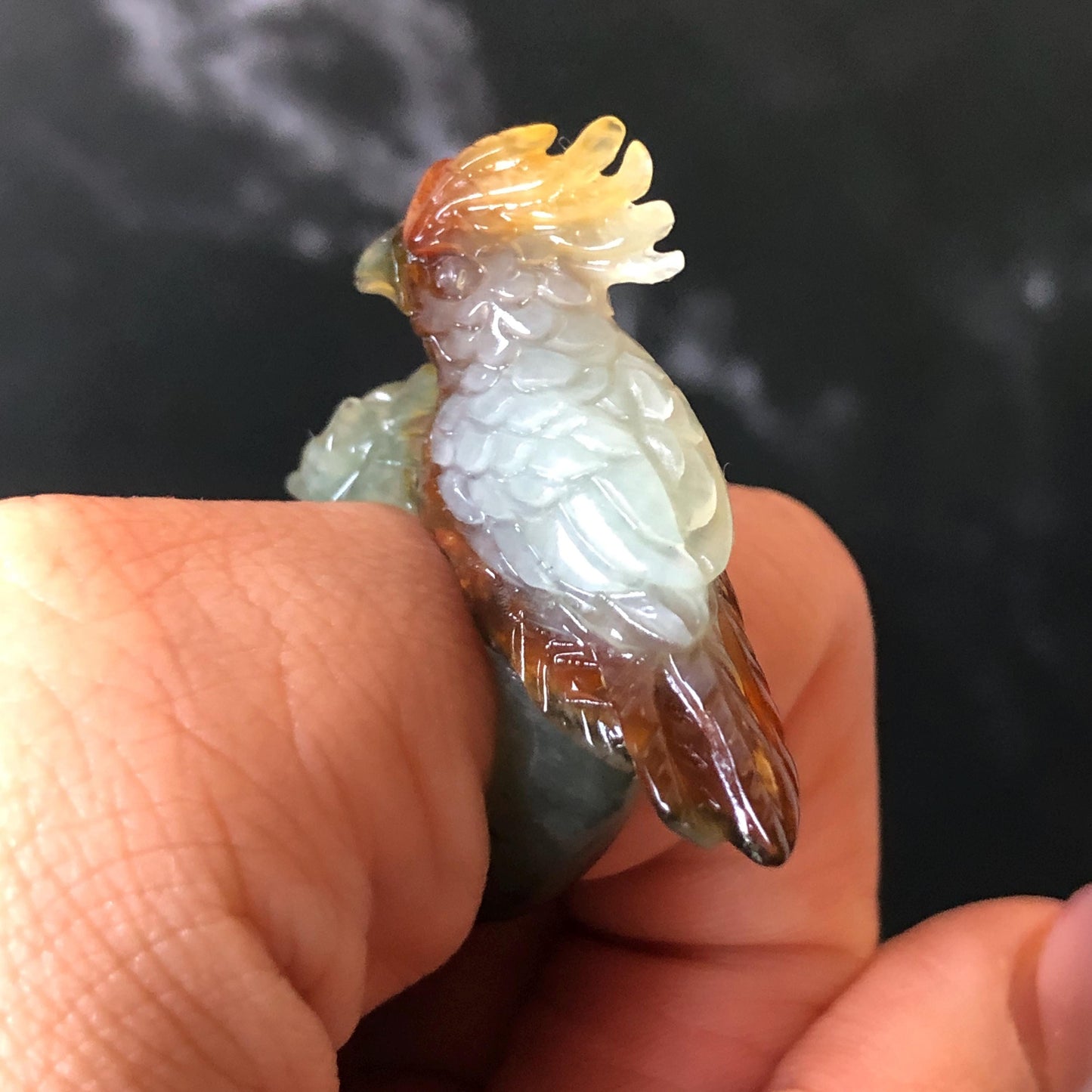 Natural Xiu Jade Serpentine Hand Carved 3D Parrot Ring 17.1mm (US 6.5): Gradient Multi-colour Green Yellow Brown White Jade Statement Ring Band Ring gift for her brown jade carving green jade white jade yellow jade orange jade multi colour jade parrot carving bird carving hand engraved statement ring flower carving hand carved flower natural untreated jade handcrafted jade ring 3D carving Stone carving Gemstone Carving Bird Lover gift Parrot Lover Gift jade cocktail ring jade band ring